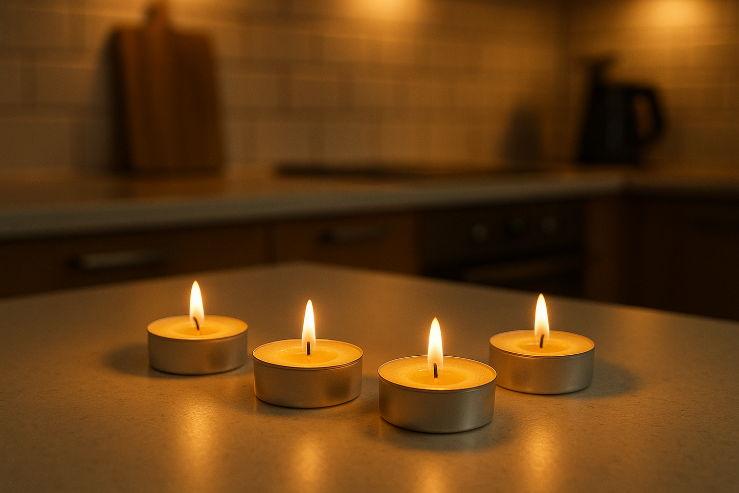 4 yellow lit tea lights on counter giving nice ambient glow