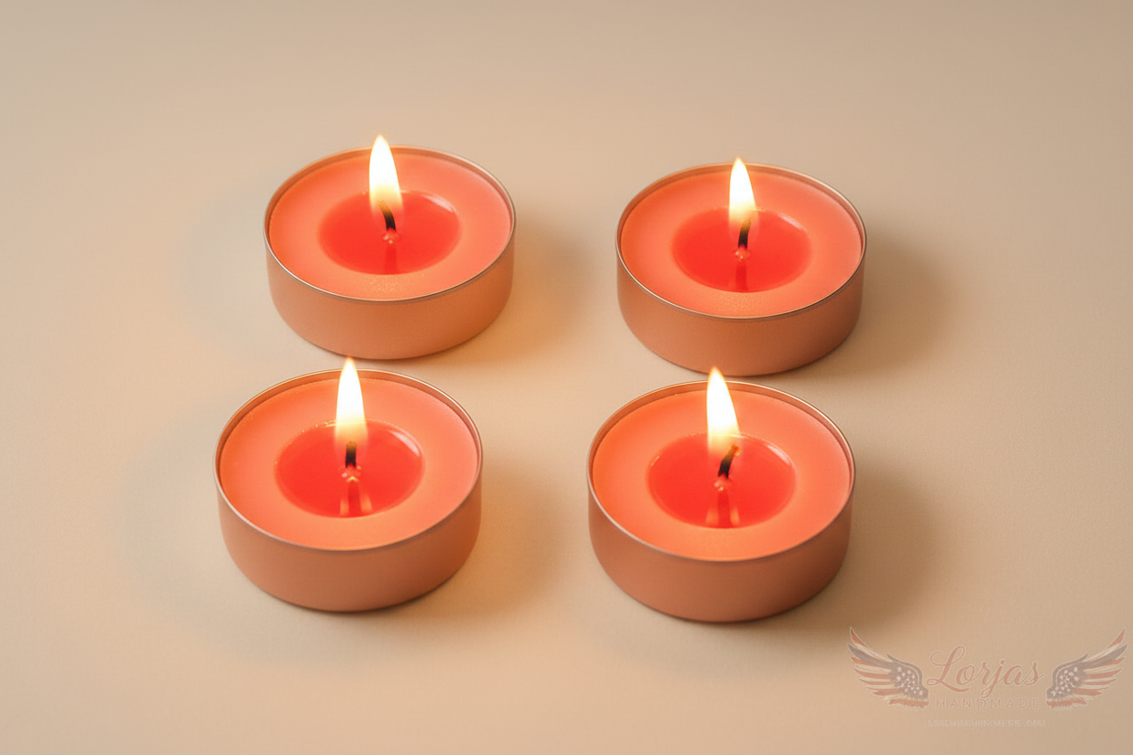 Four lit candles on a beige background