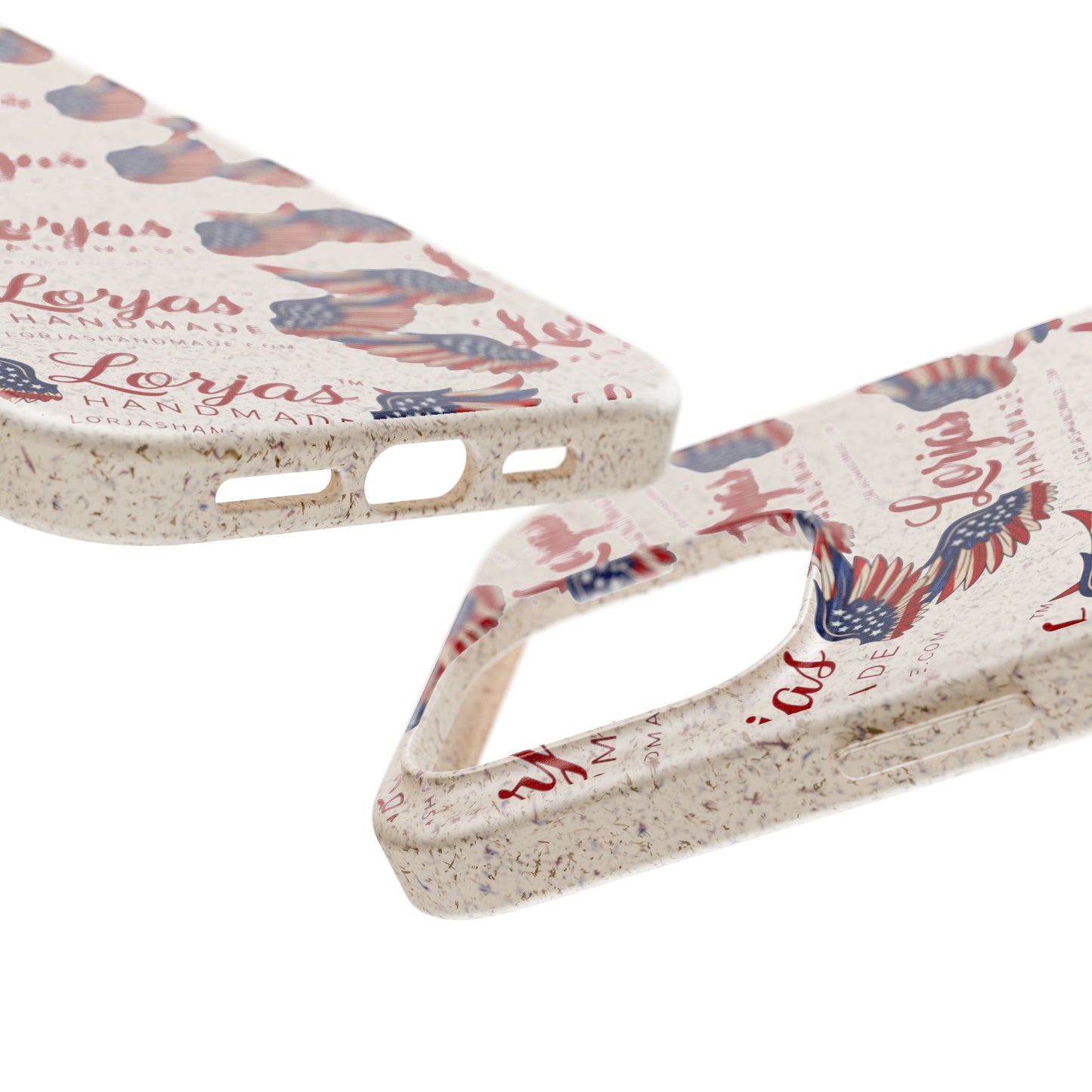 Close up of 2 smartphone cases and 'Lorjas Handmade' branding on a white background