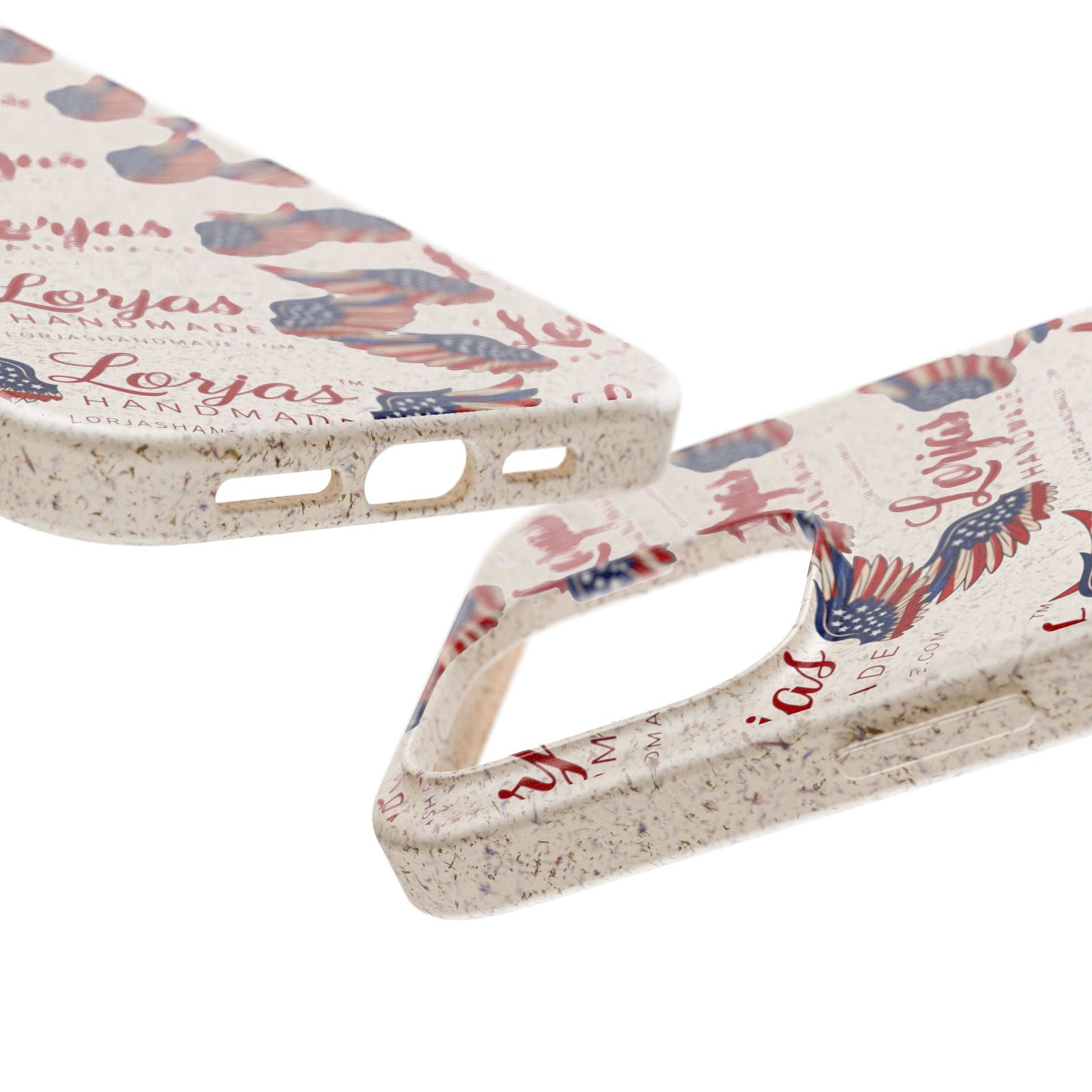 Close up of 2 smartphone cases and 'Lorjas Handmade' branding on a white background
