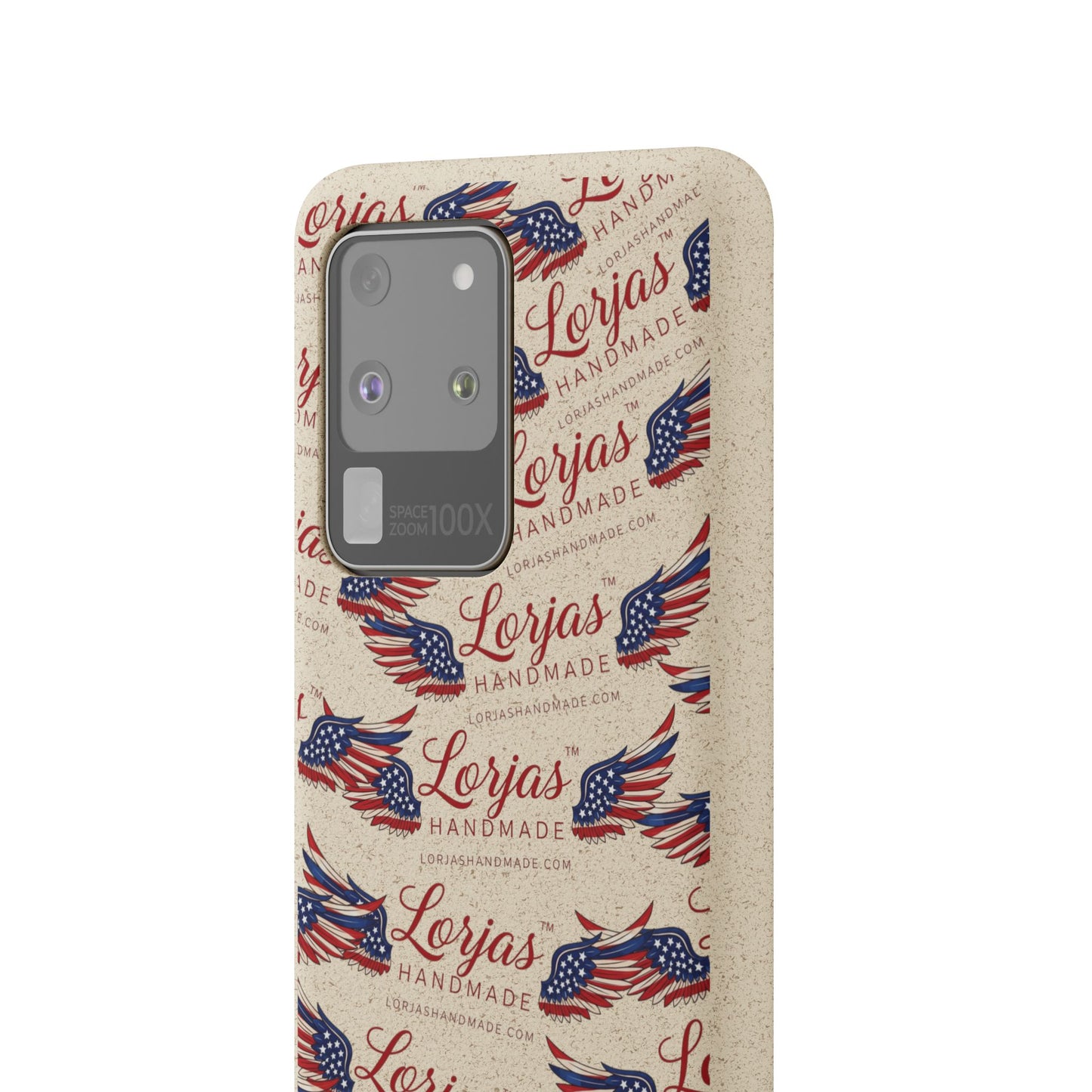 Phone case with American flag design and 'Lorjas Handmade' text on a white background