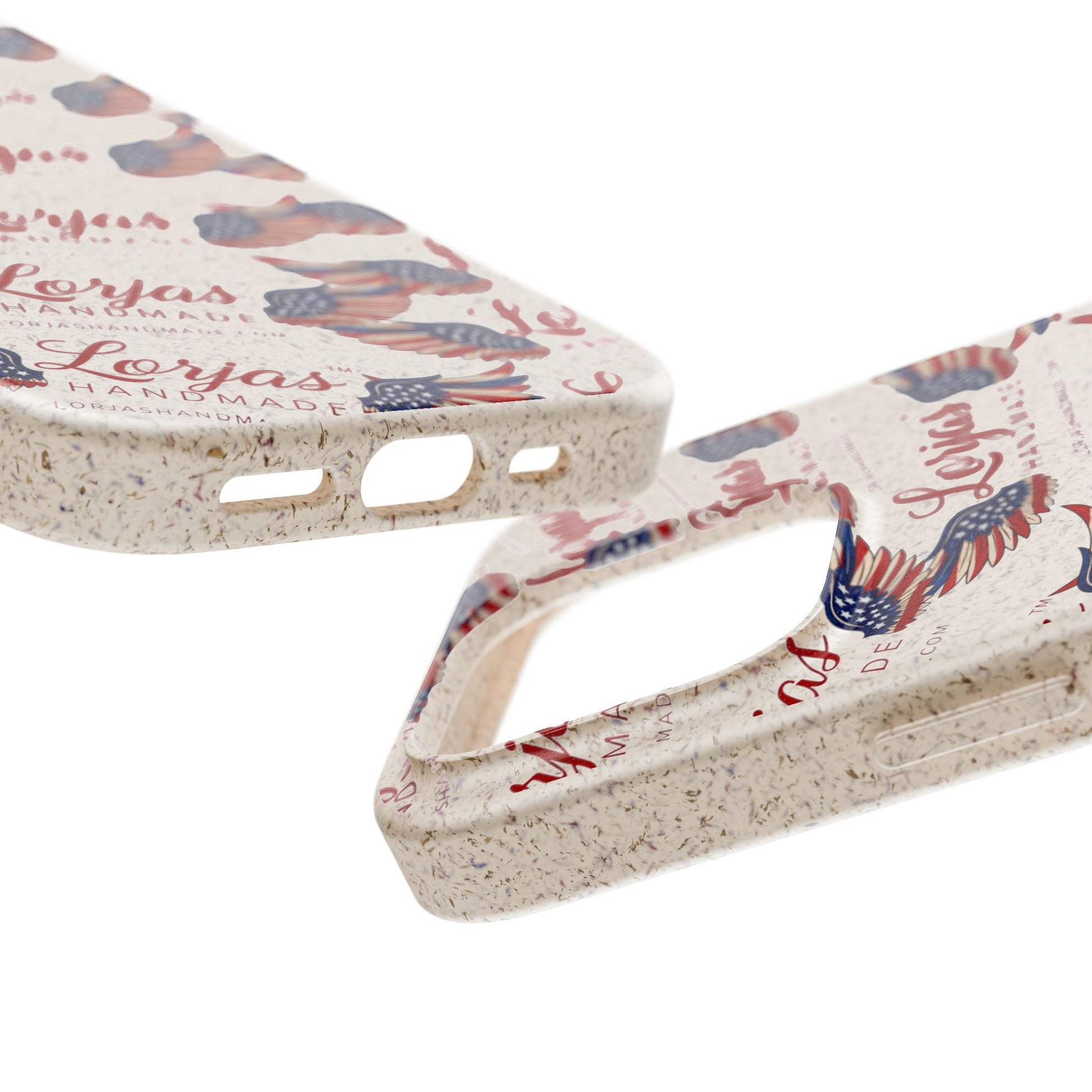 Close up of 2 smartphone cases and 'Lorjas' branding on a white background