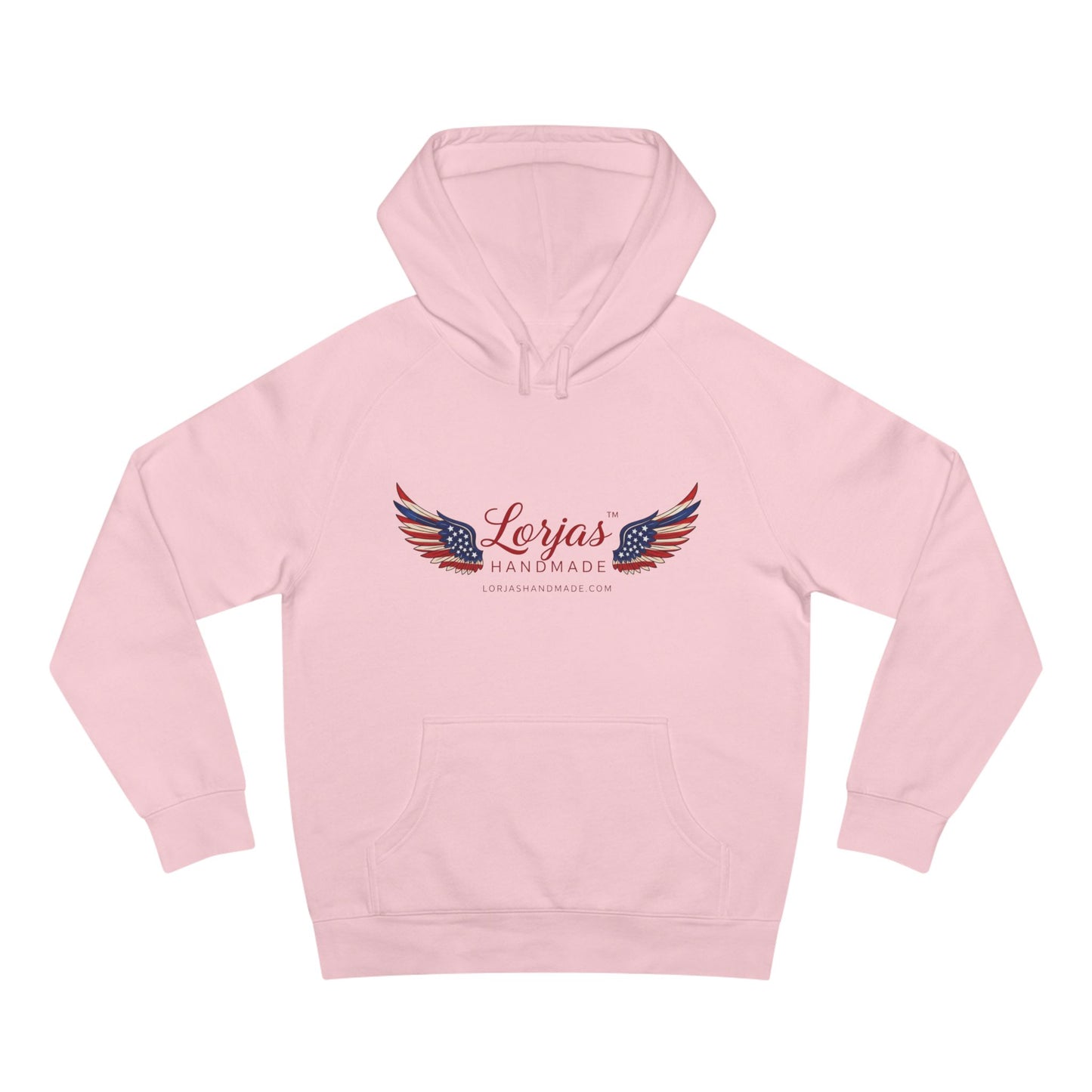 Pink hoodie with 'Lorjas Handmade' logo on a white background