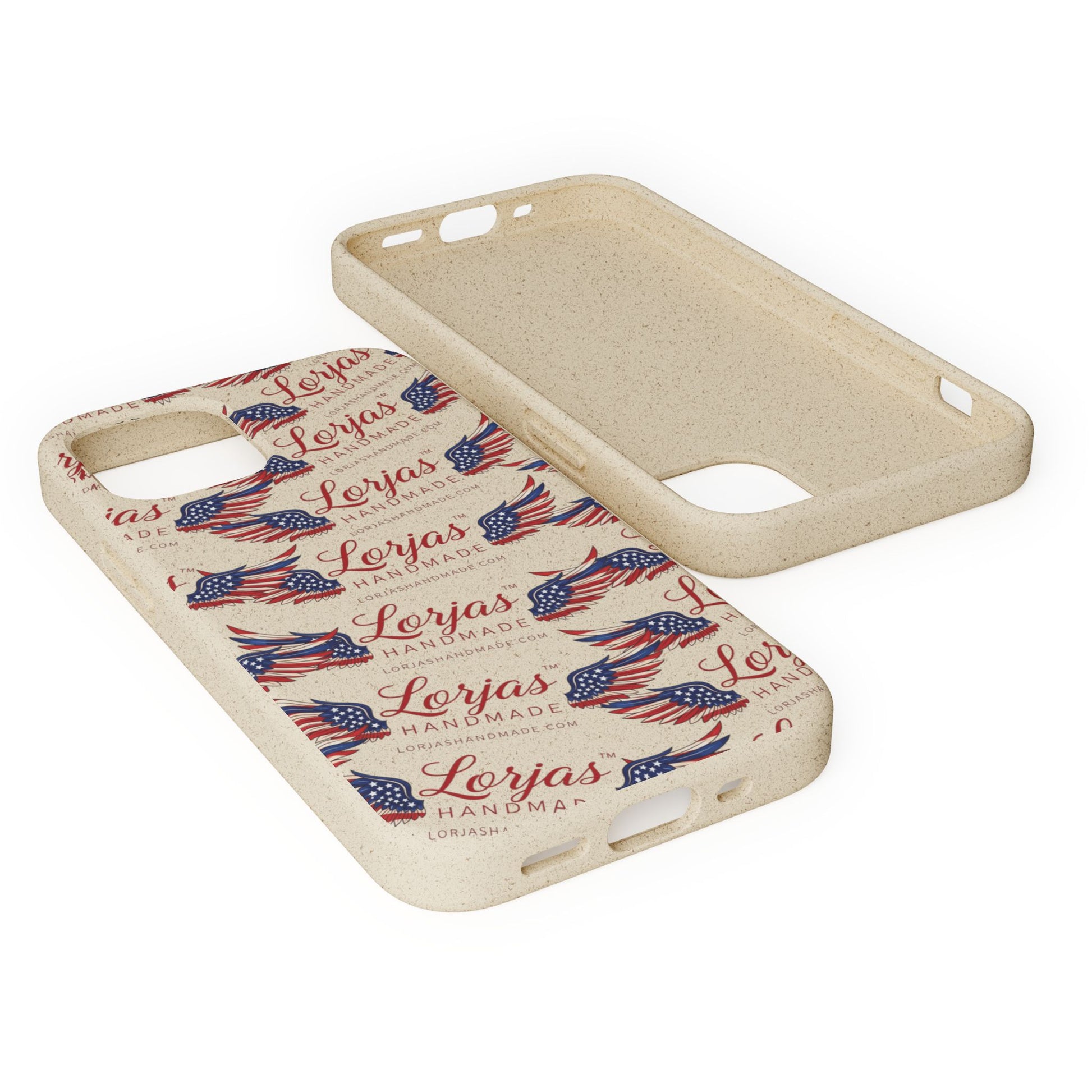 Phone case with American flag design and 'Lorjas Handmade' text on a white background
