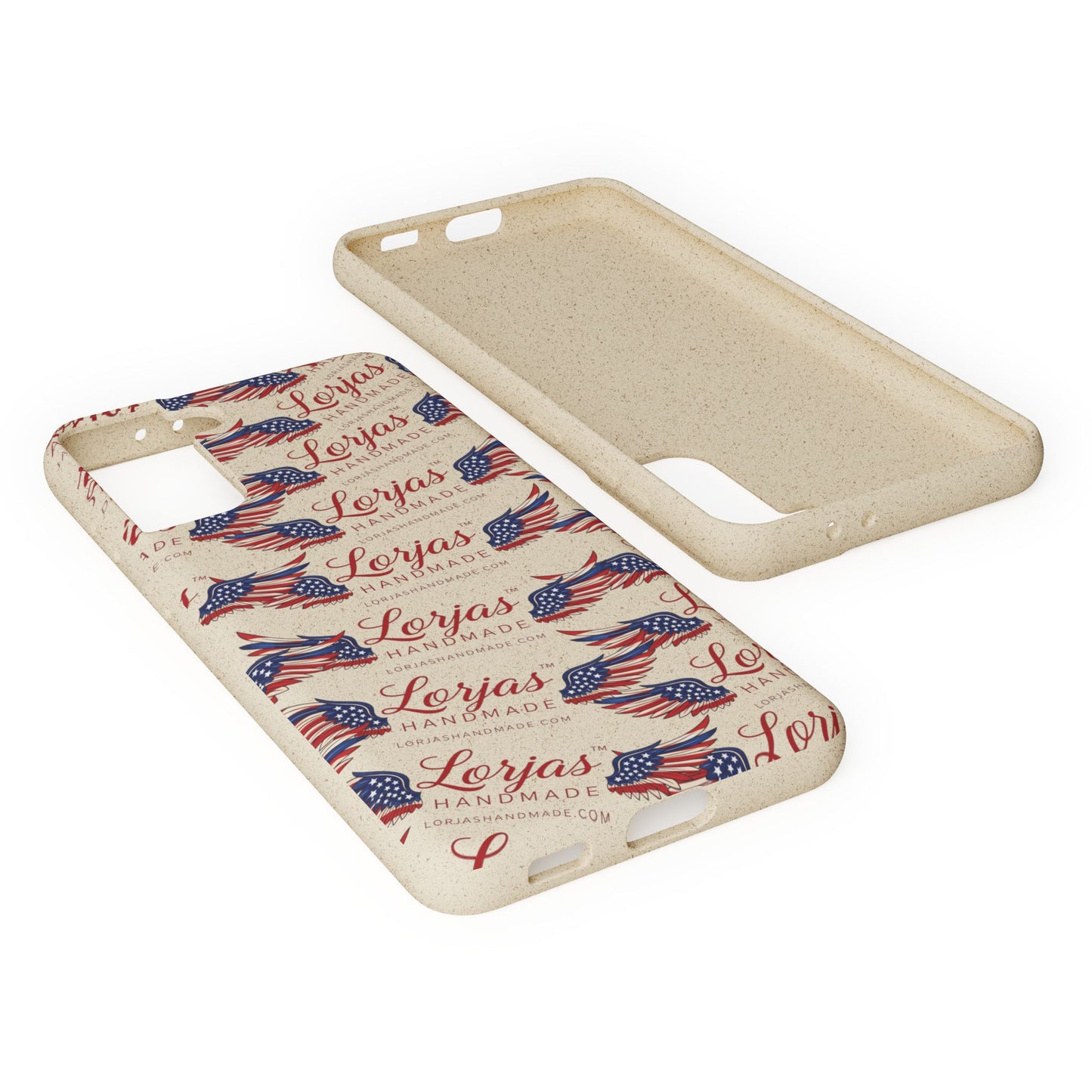 Phone case with American flag design and 'Lorjas' branding on a white background