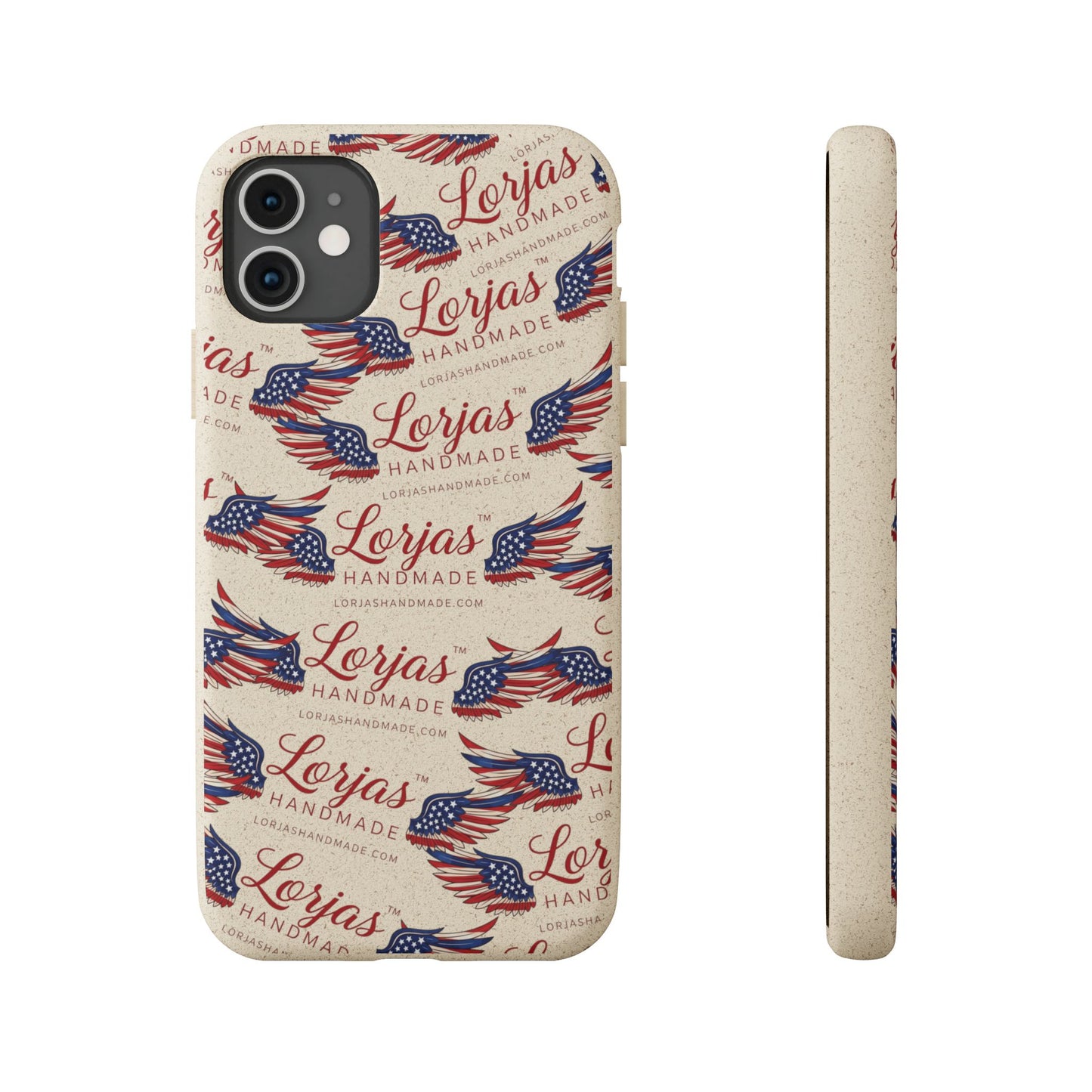 Phone case with American flag design and 'Lorjas Handmade' text on a white background
