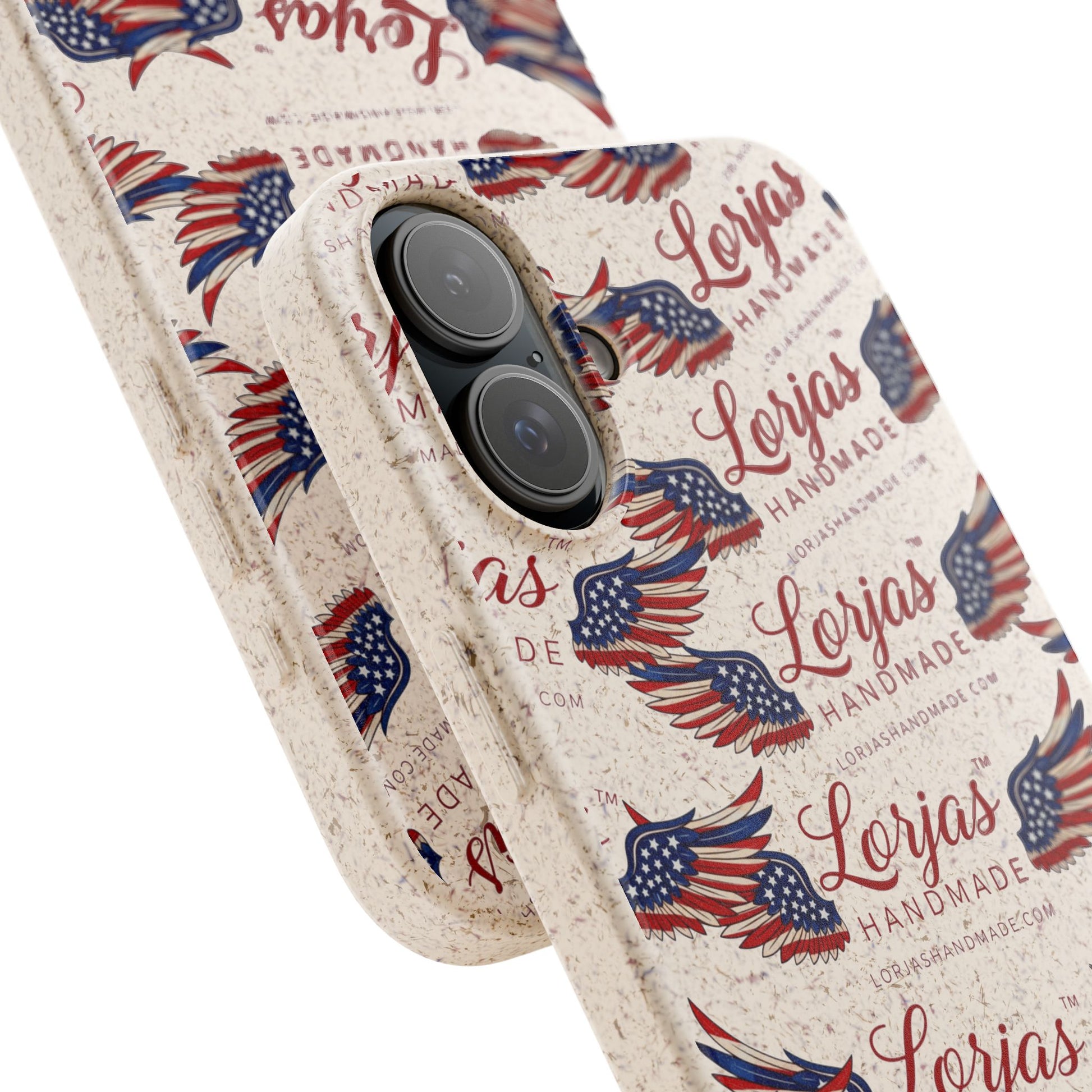 Phone case with American flag design and 'Lorjas Handmade' branding on a white background