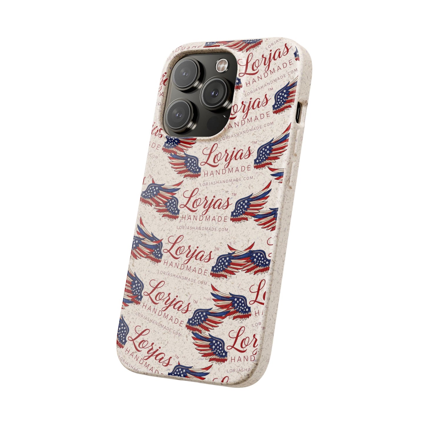 Phone case with 'Lorjas' branding and American flag design on a white background