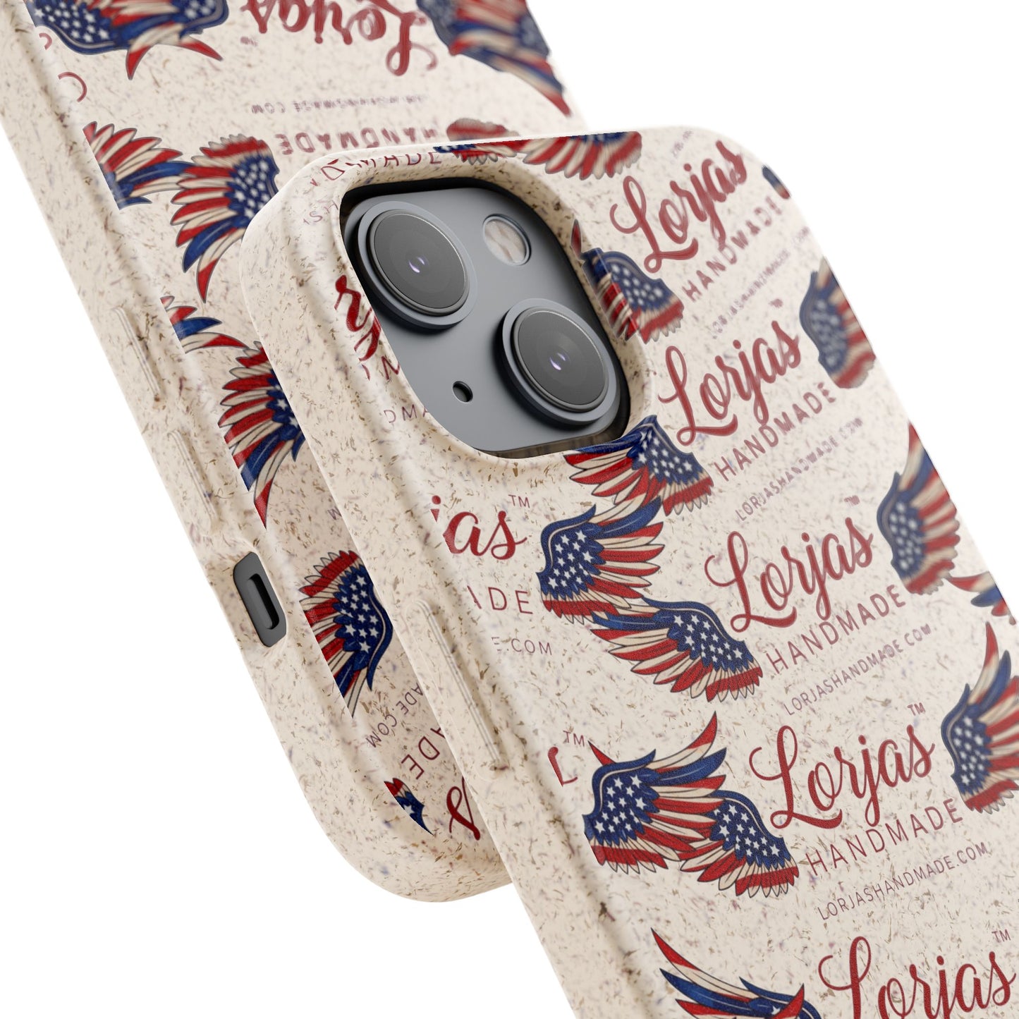 Phone case with American flag design and 'Lorjas Handmade' branding on a white background