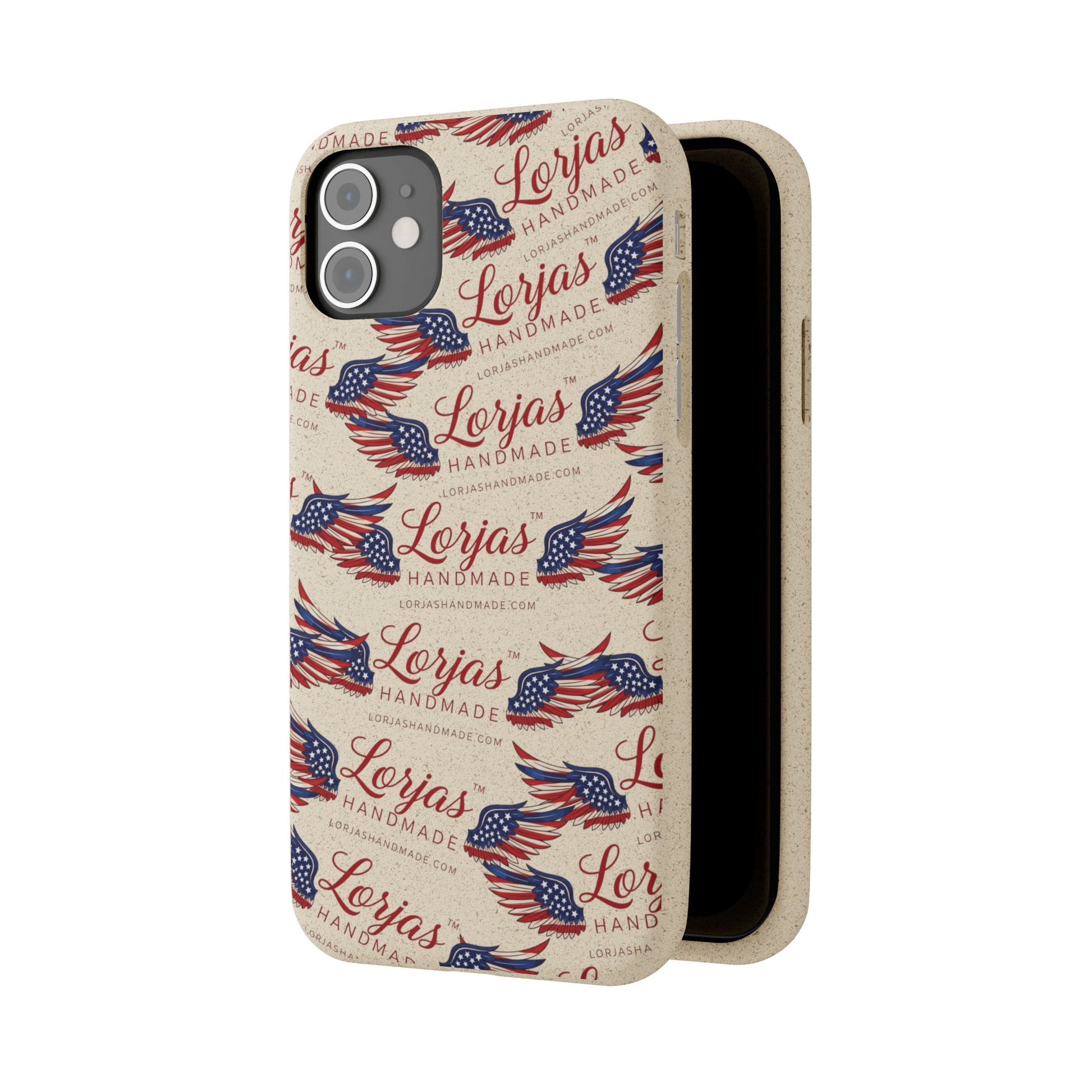 Phone case with 'Lerjas Handmade' branding and eagle design on a beige background