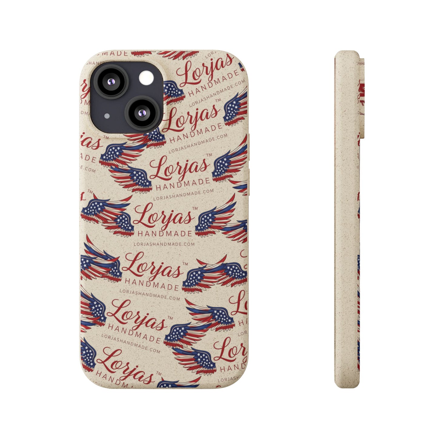 Phone case with American flag design and 'Lorjas Handmade' text on a white background
