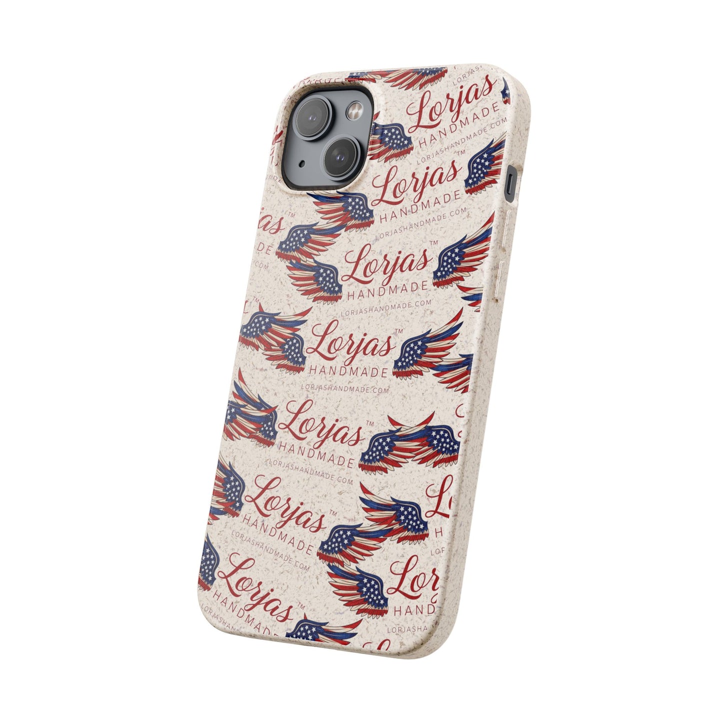 Phone case with 'Lorjas' branding and American flag design on a white background