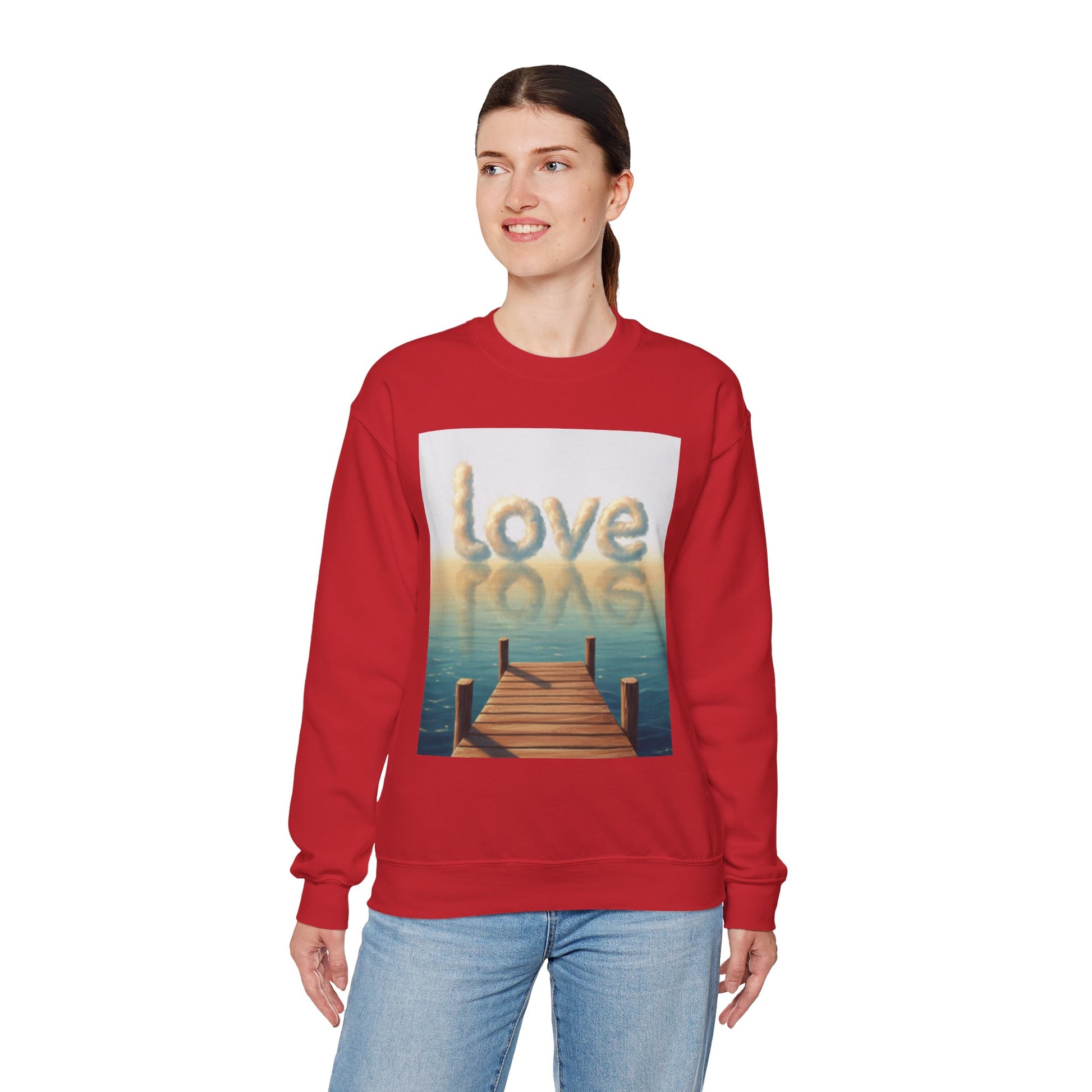 Person wearing a red sweatshirt with a graphic design and text on a white background