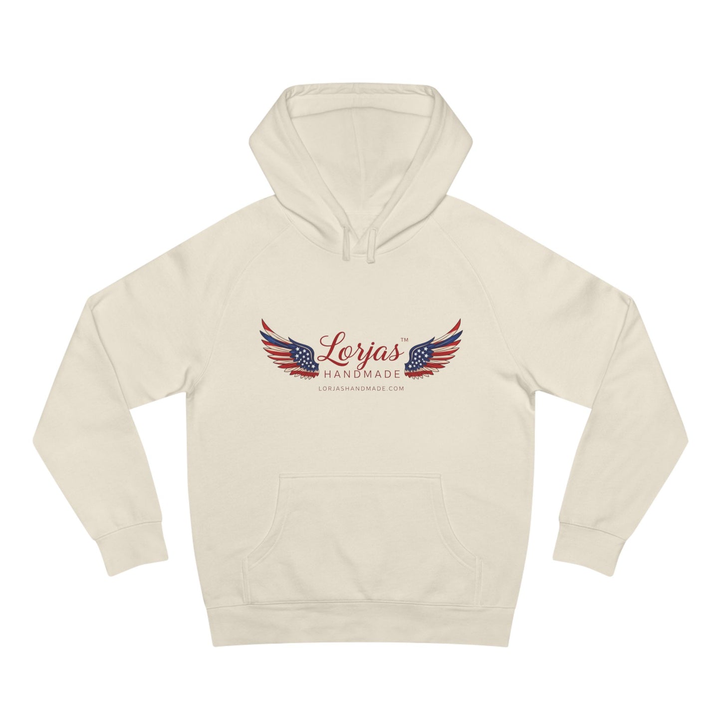 Beige hoodie with 'Lorjas Handmade' logo featuring wings and an American flag on a white background