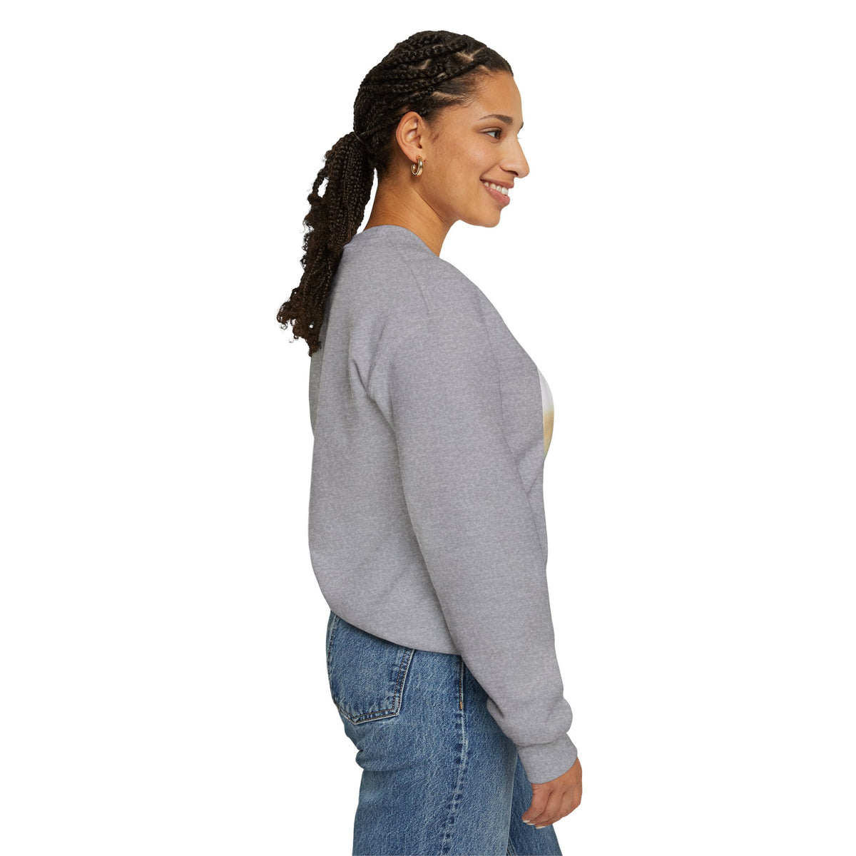 Woman wearing a gray sweatshirt with a graphic design on the front, standing against a white background.