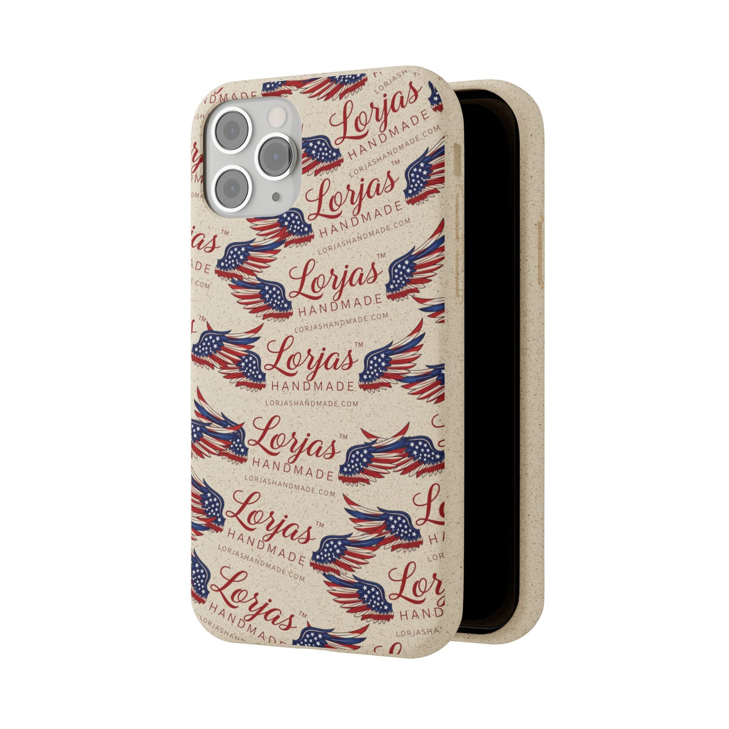 Phone case with 'Lerjas Handmade' branding and American flag design on a beige background