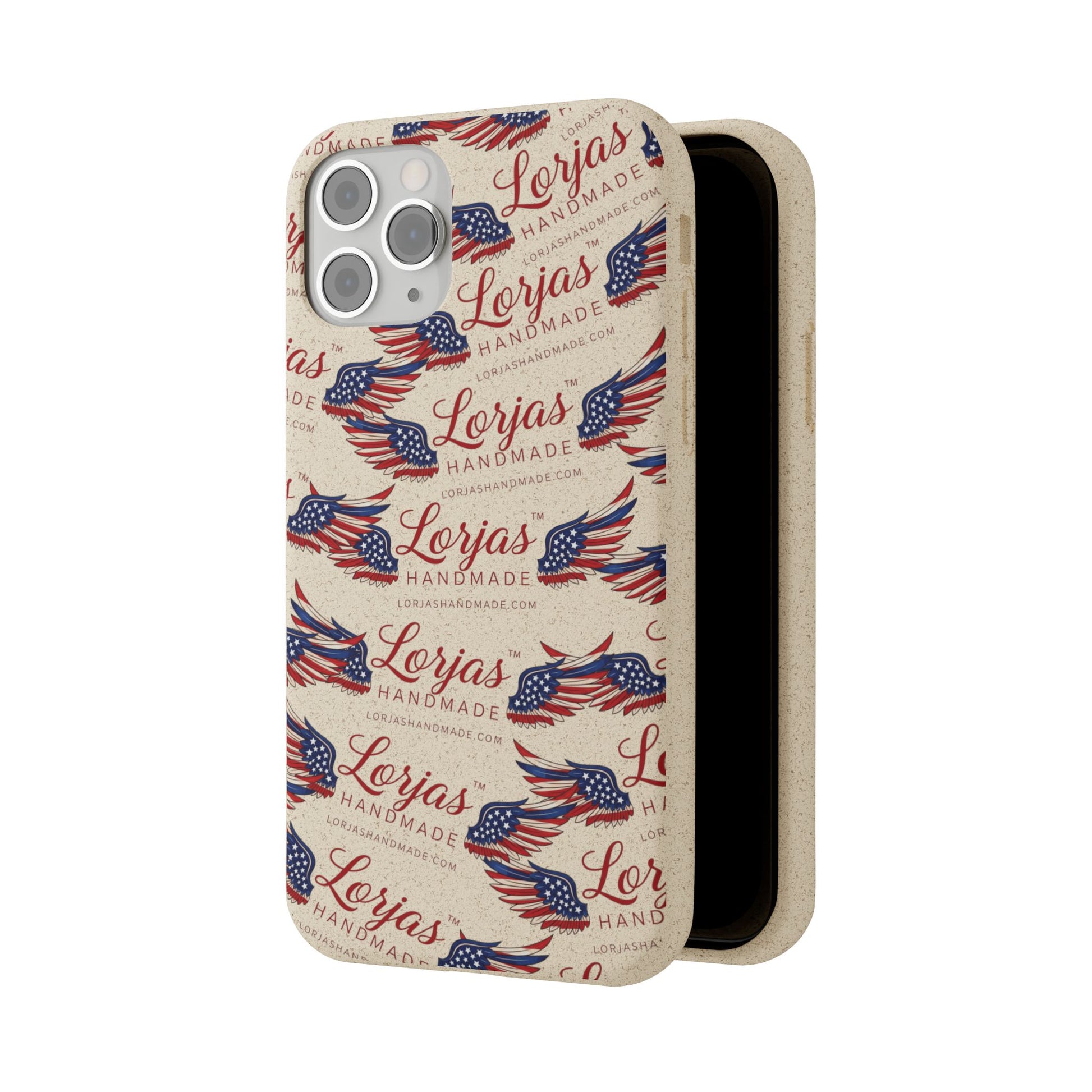 Phone case with 'Lerjas Handmade' branding and American flag design on a beige background