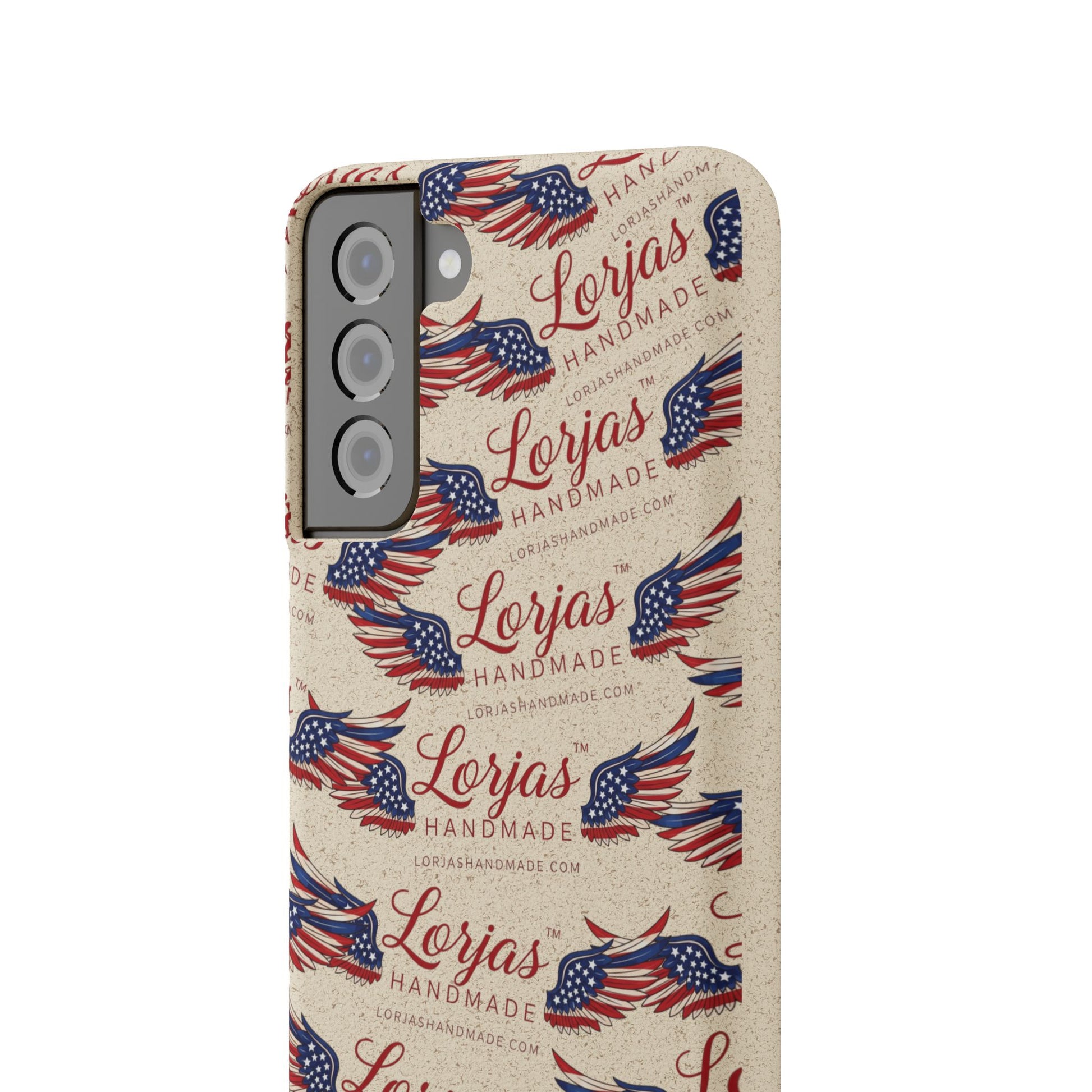 Phone case with 'Lorjas Handmade' branding and American flag design on a beige background