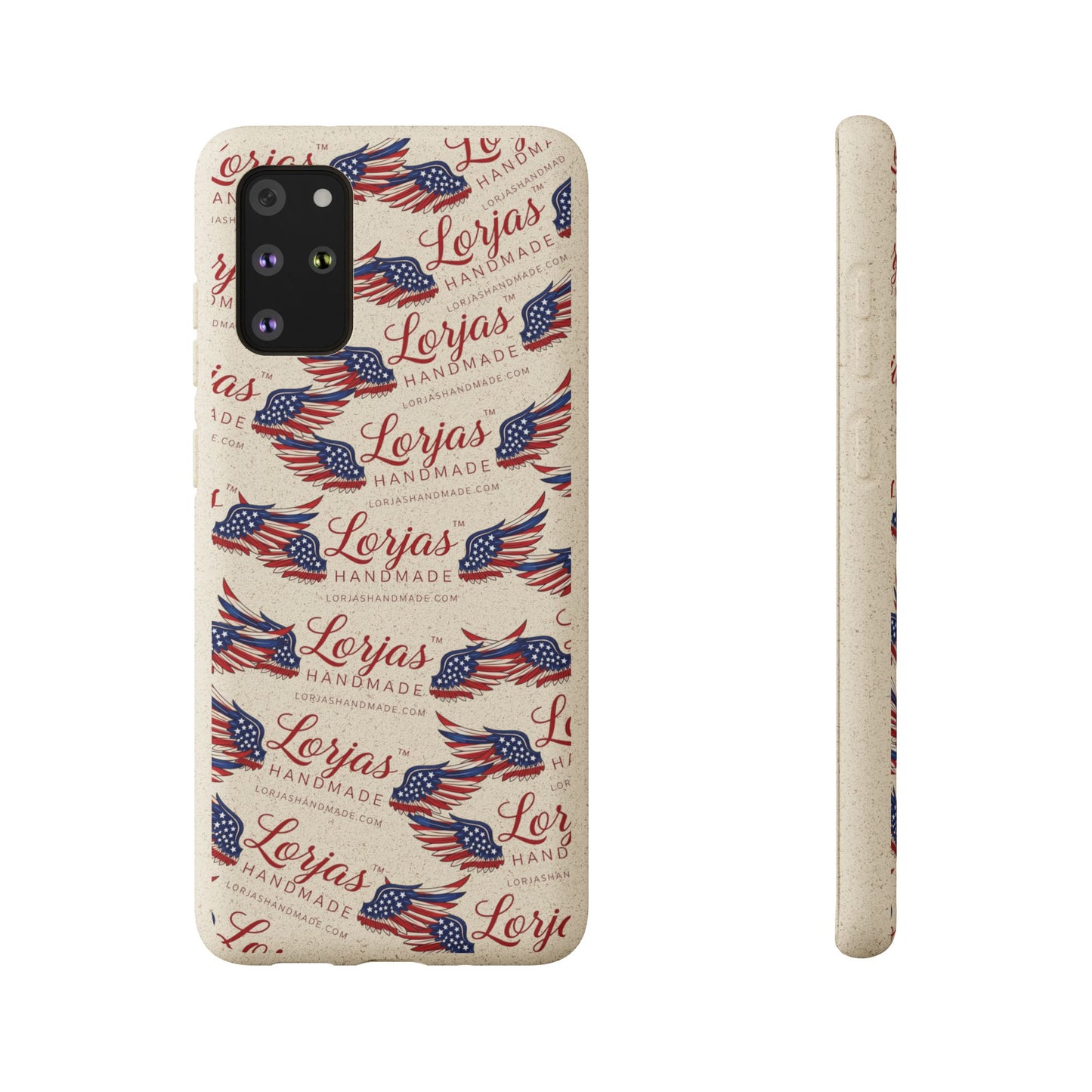 Phone case with American flag design and 'Lorjas Handmade' text on a white background