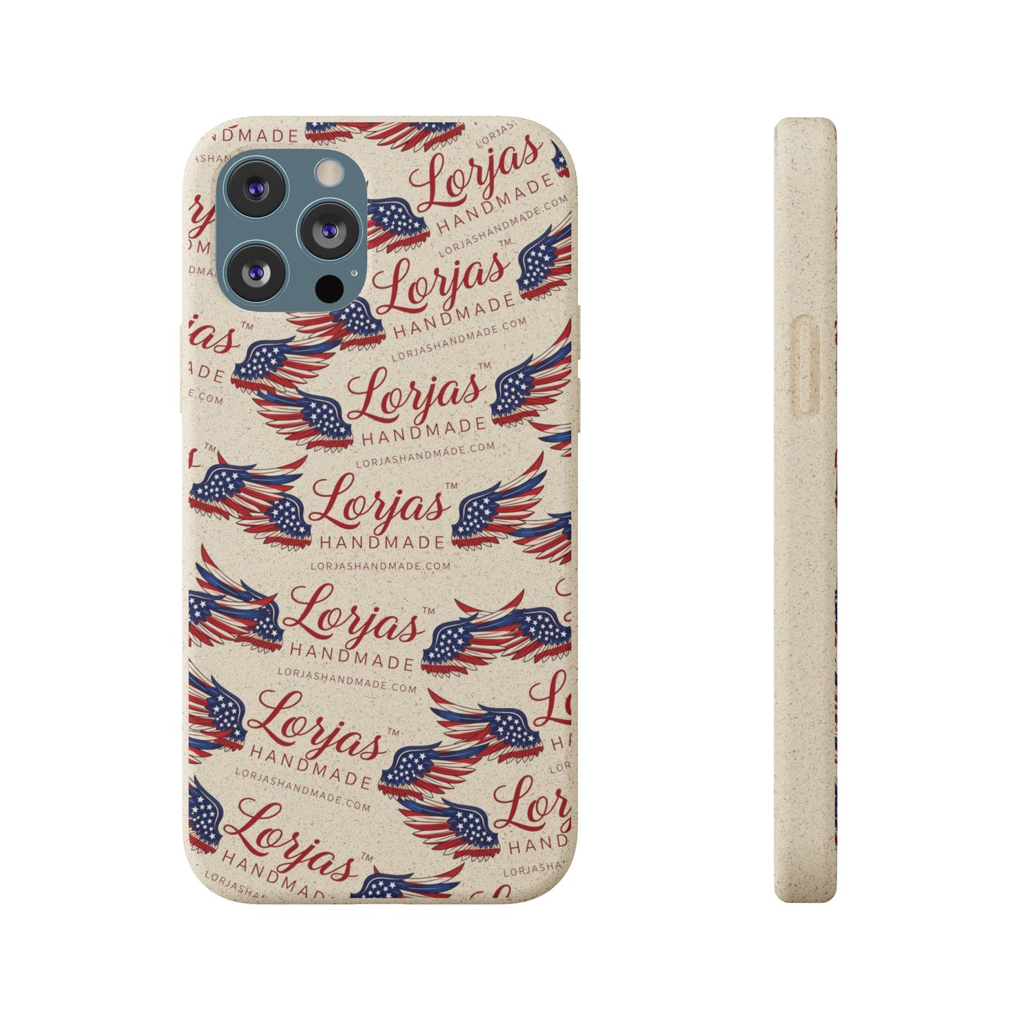 Phone case with American flag design and 'Lorjas Handmade' text on a white background