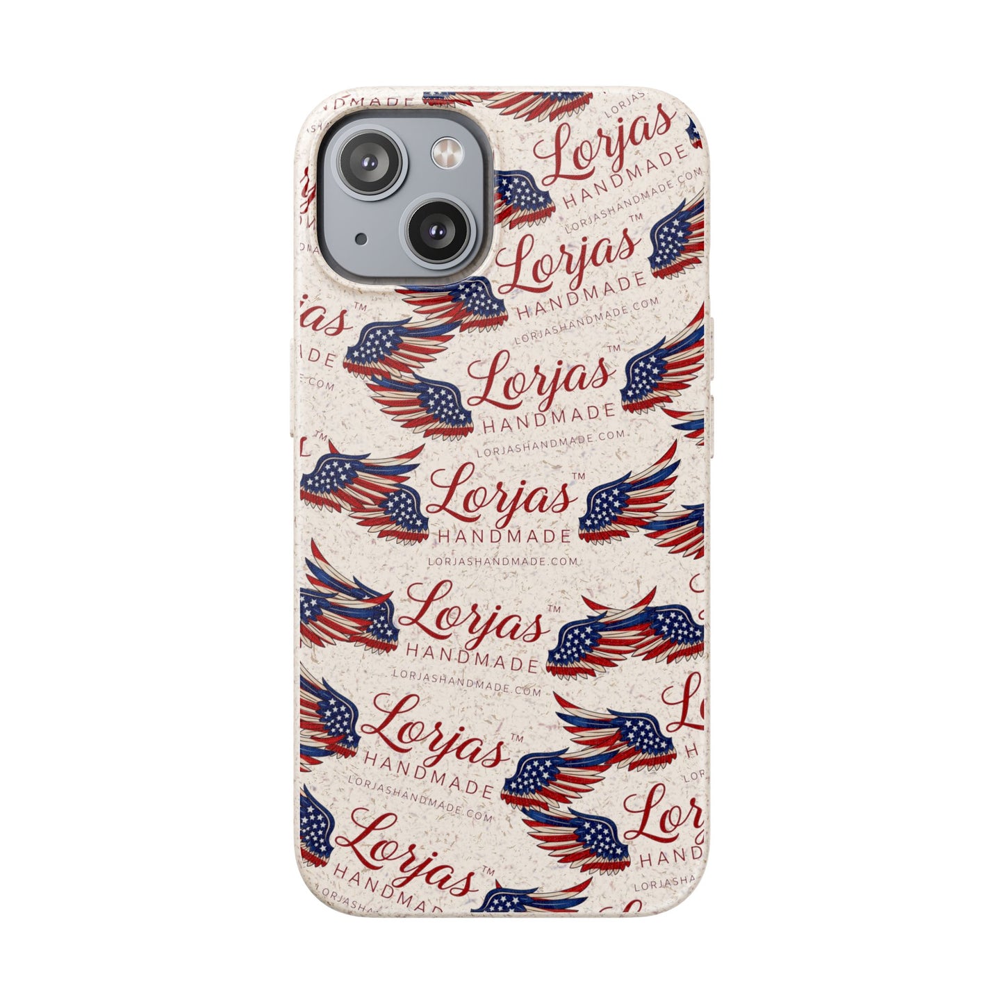 Phone case with American flag design and 'Lorjas Handmade' text on a white background