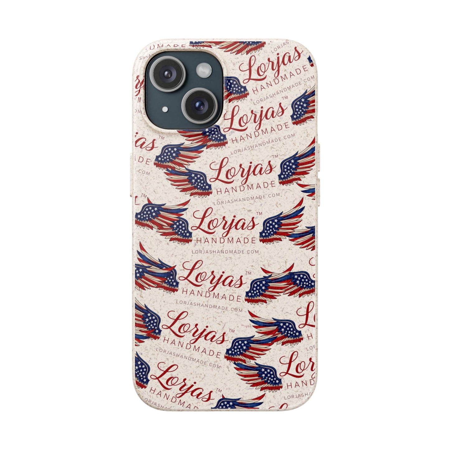 Phone case with American flag design and 'Lorjas Handmade' text on a white background