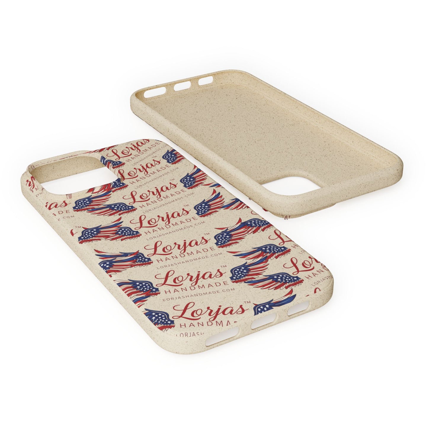 Phone case with American flag design and 'Lorjas Handmade' text on a white background