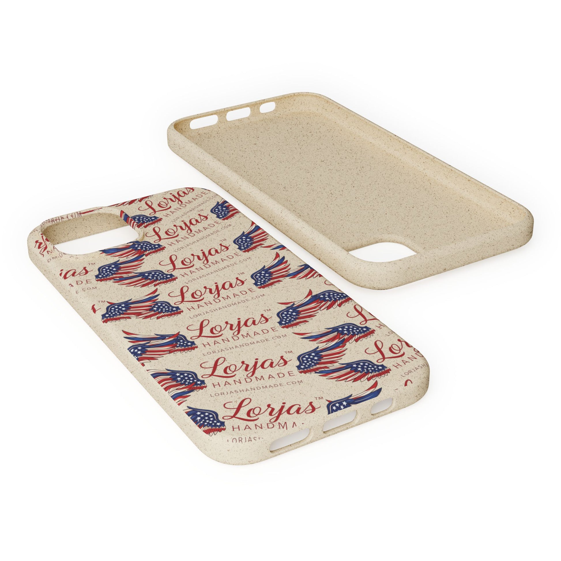 Phone case with American flag design and 'Lorjas' branding on a white background