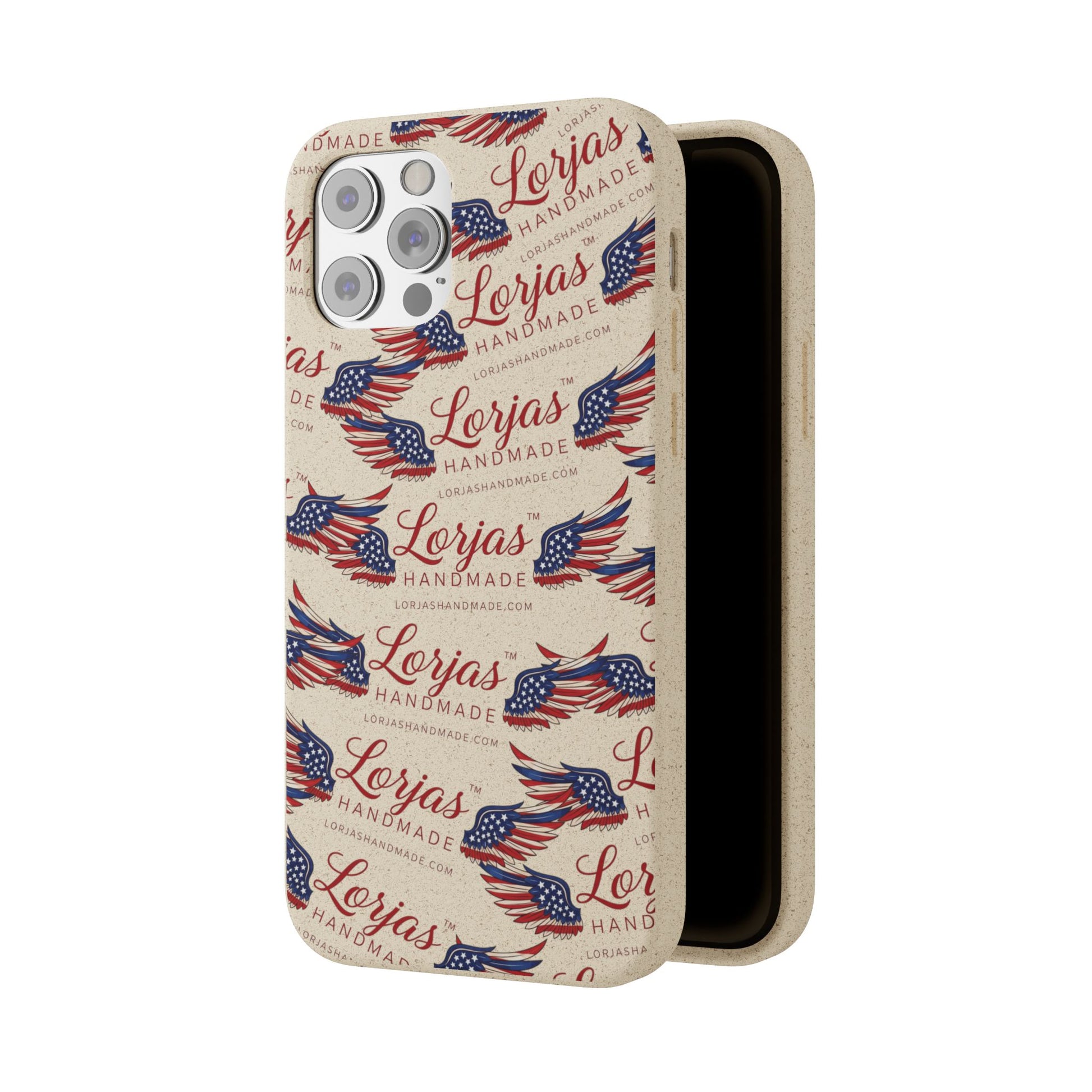 Phone case with American flag design and 'Lorjas Handmade' text on a white background