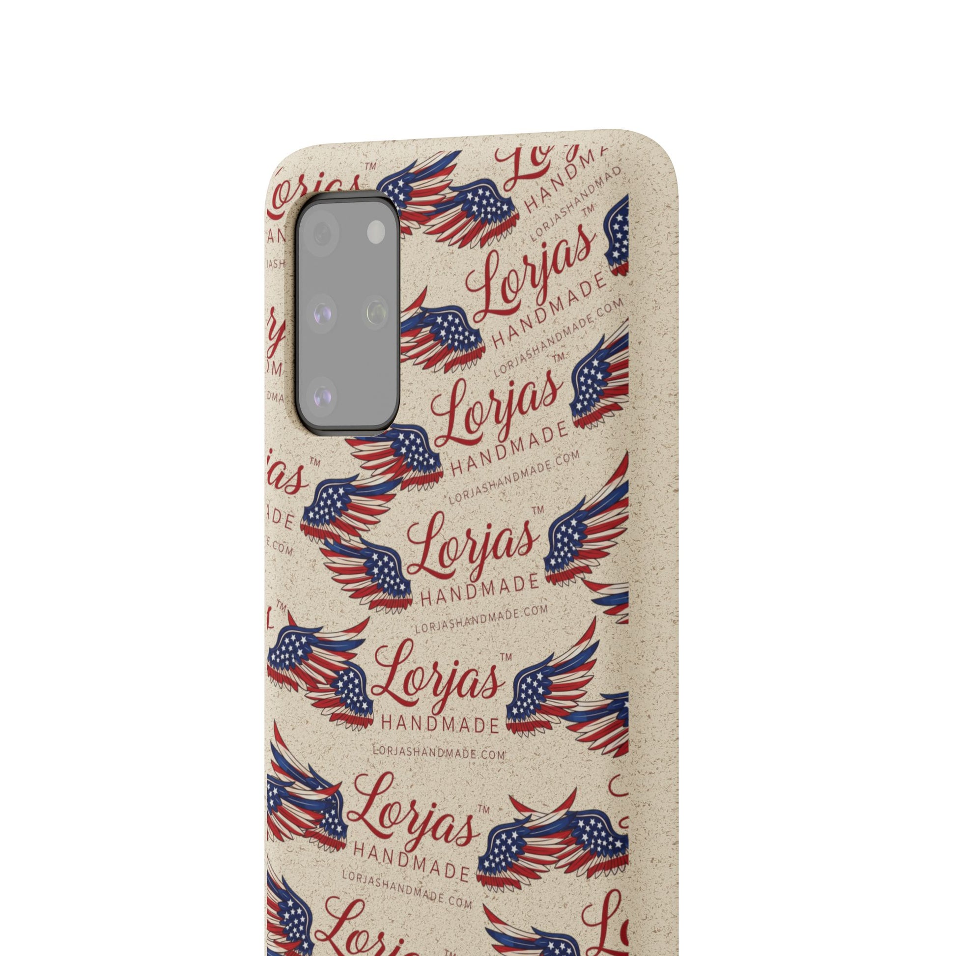 Phone case with American flag design and 'Lorjas Handmade' text on a white background