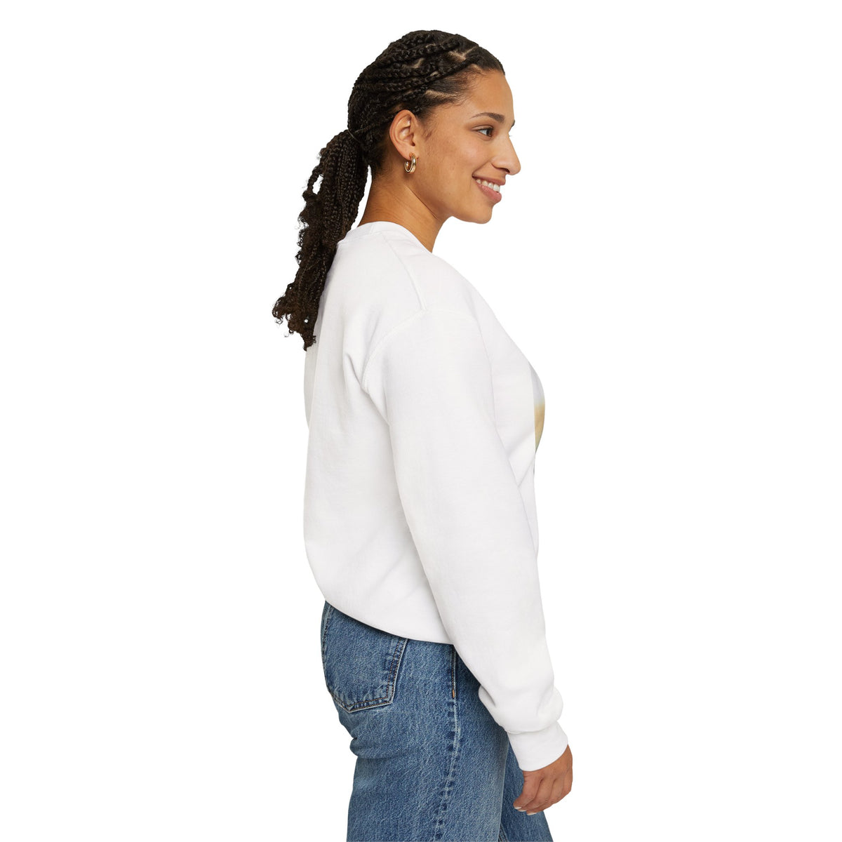 Woman wearing a white sweatshirt with a logo on a white background