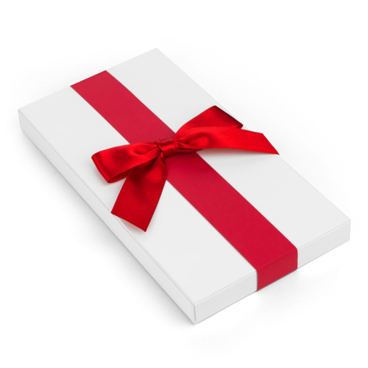 White gift box with a red ribbon on a white background