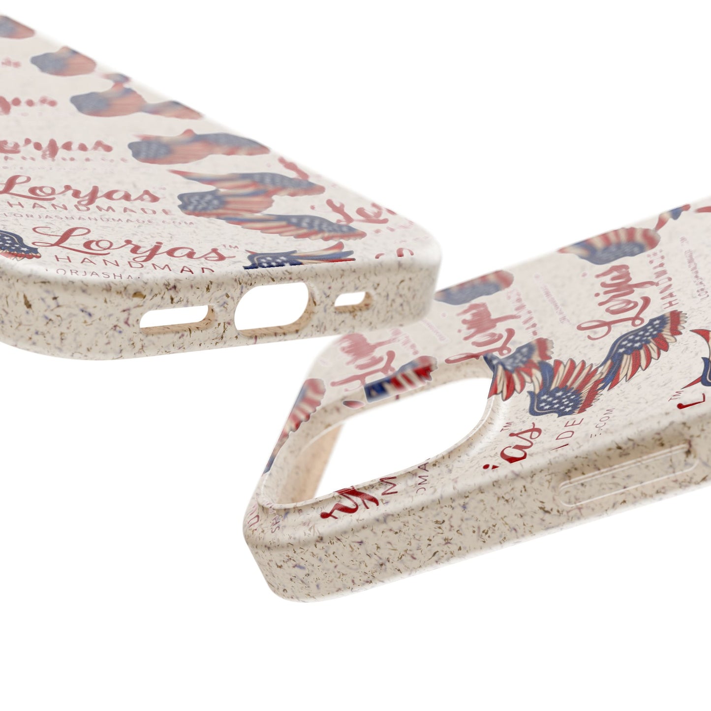 Close up of 2 smartphone cases and 'Lorjas Handmade' branding on a white background