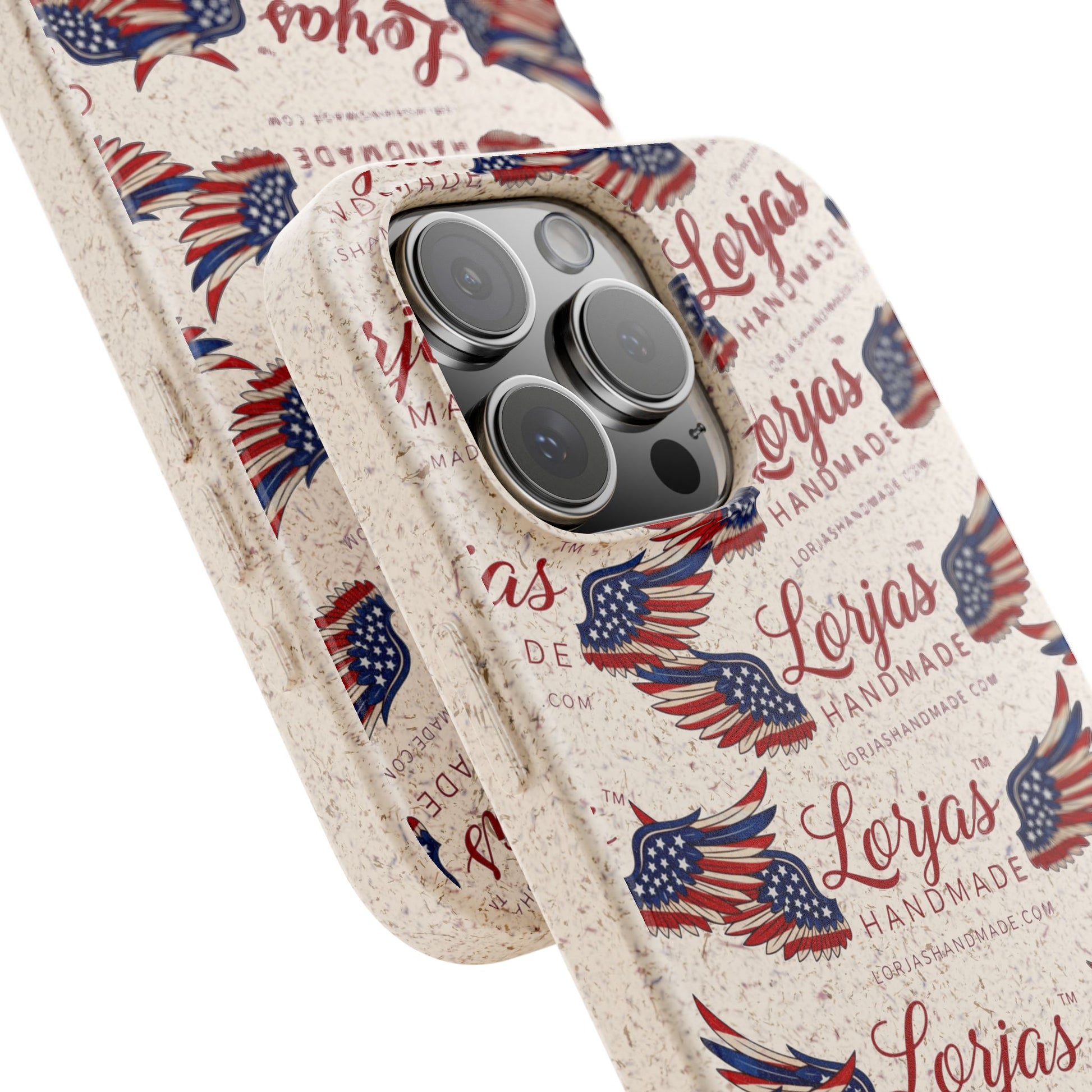 Phone case with American flag design and 'Lorjas Handmade' branding on a white background