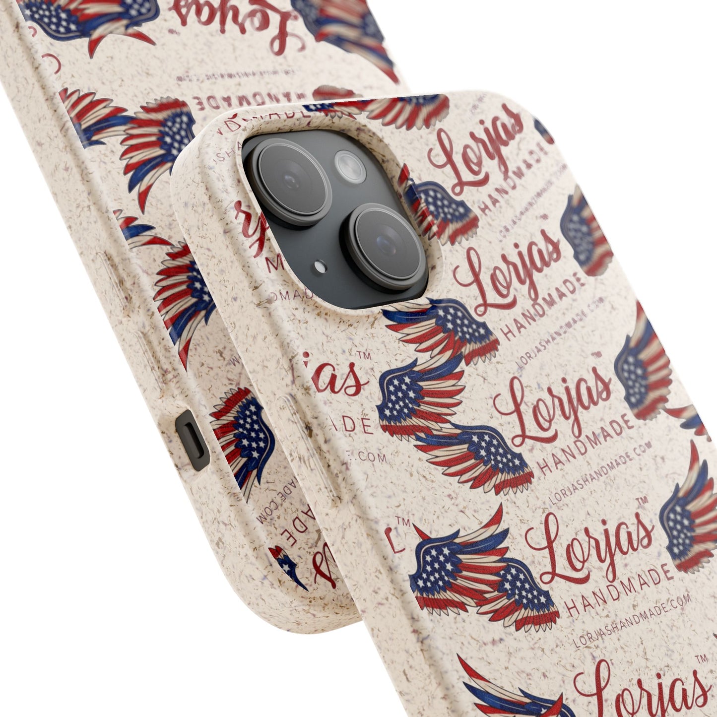 Phone case with American flag design and 'Lorjas Handmade' branding on a beige background