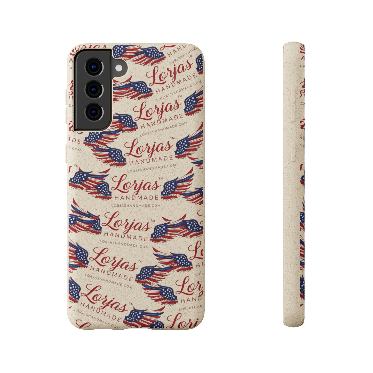 Phone case with American flag design and 'Lorjas Handmade' text on a white background