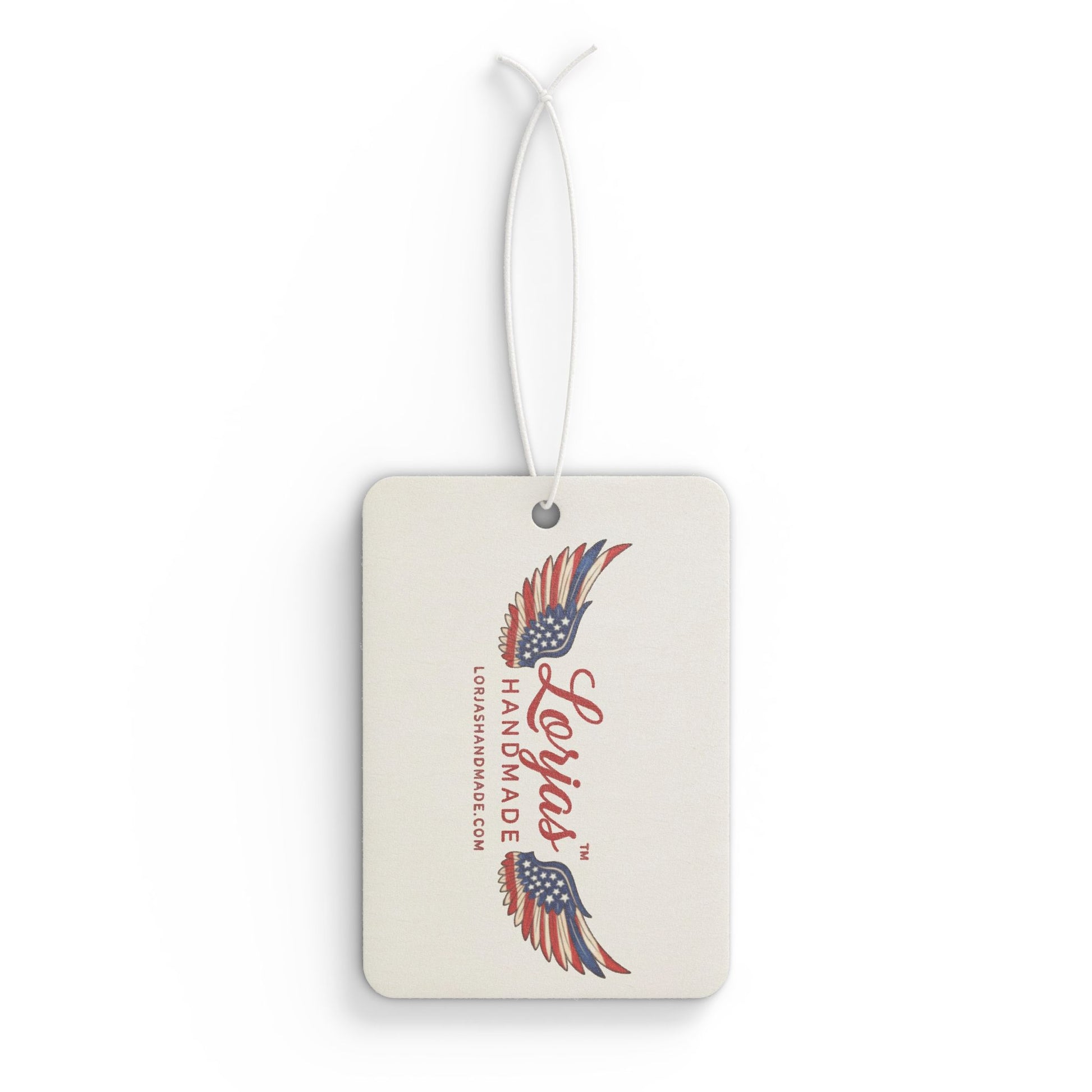 Car air freshener tag with LorJas Handmade brand logo americana flag design on a white background