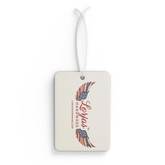 Car air freshener tag with LorJas Handmade brand logo americana flag design on a white background
