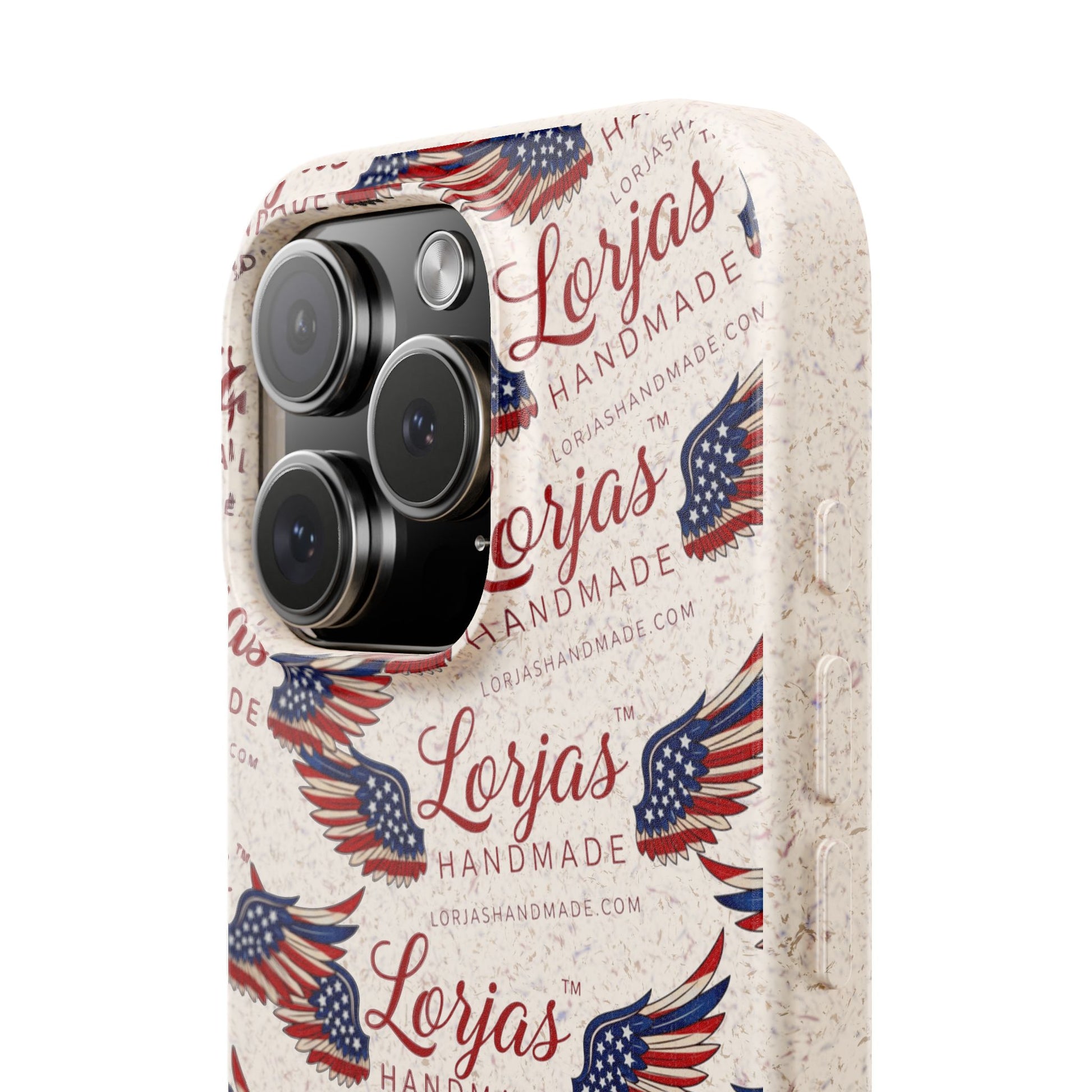 Phone case with 'Lorjas Handmade' branding and American flag design on a beige background