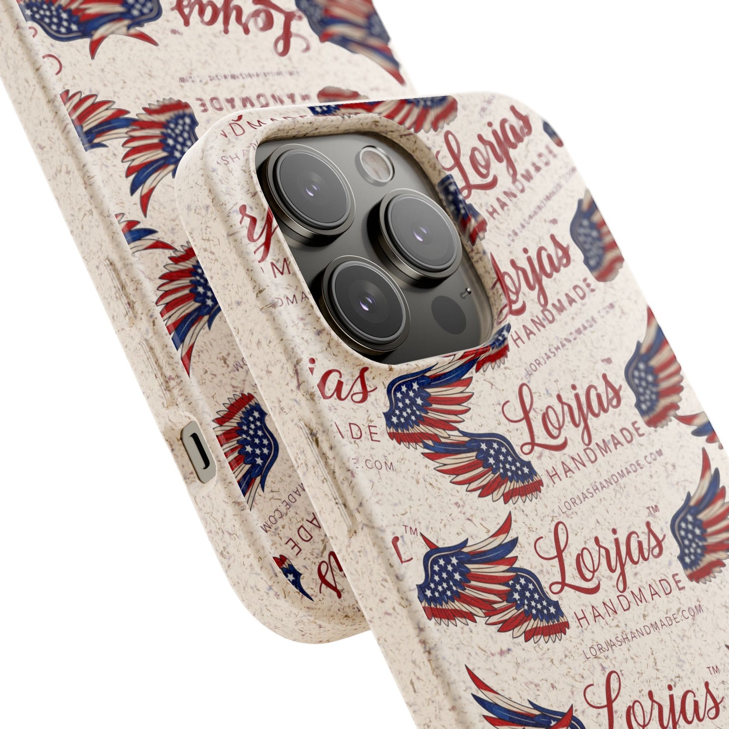 Phone case with American flag design and 'Lorjas' branding on a white background
