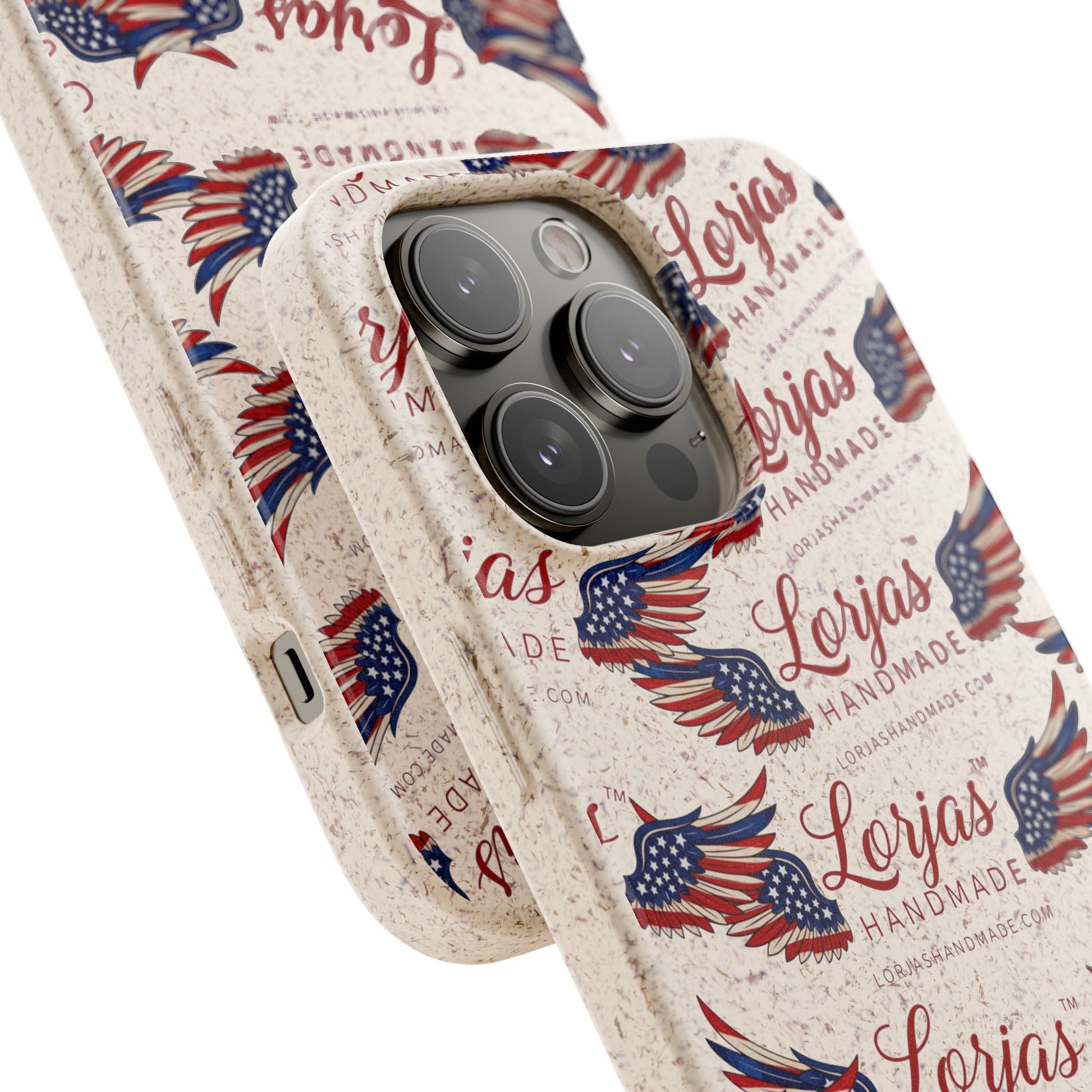 Phone case with American flag design and 'Lorjas' branding on a white background