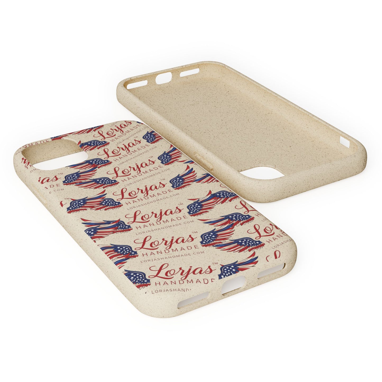 Phone case with American flag design and 'Lorjas Handmade' branding on a white background