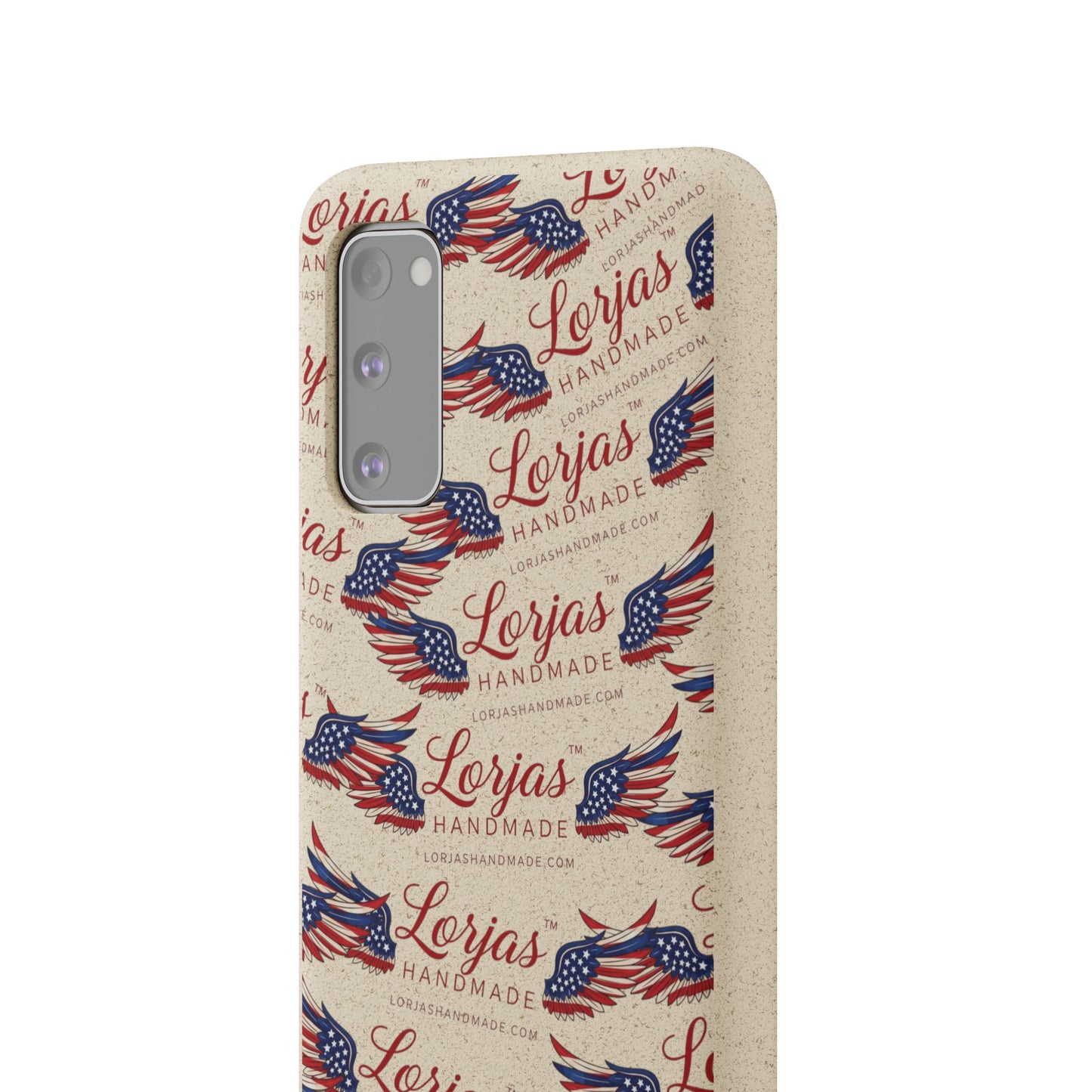Phone case with 'Lorjas Handmade' branding and American flag design on a beige background