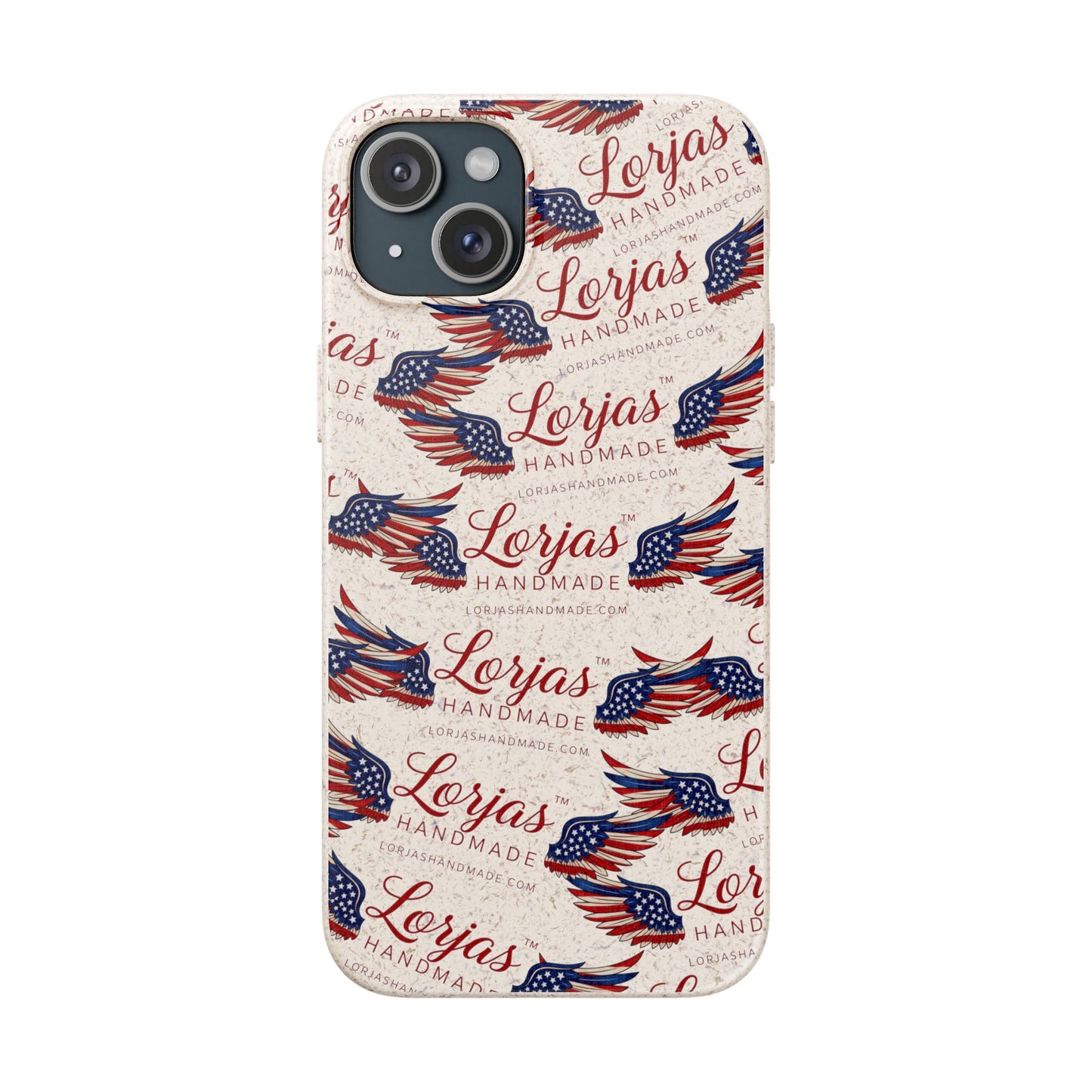 Phone case with American flag design and 'Lorjas Handmade' text on a white background