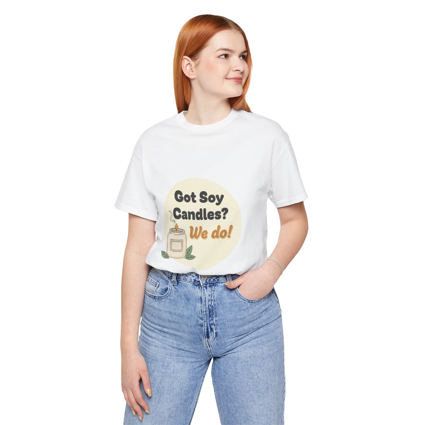 Female model wearing a white t-shirt with a graphic and text, standing against a white background
