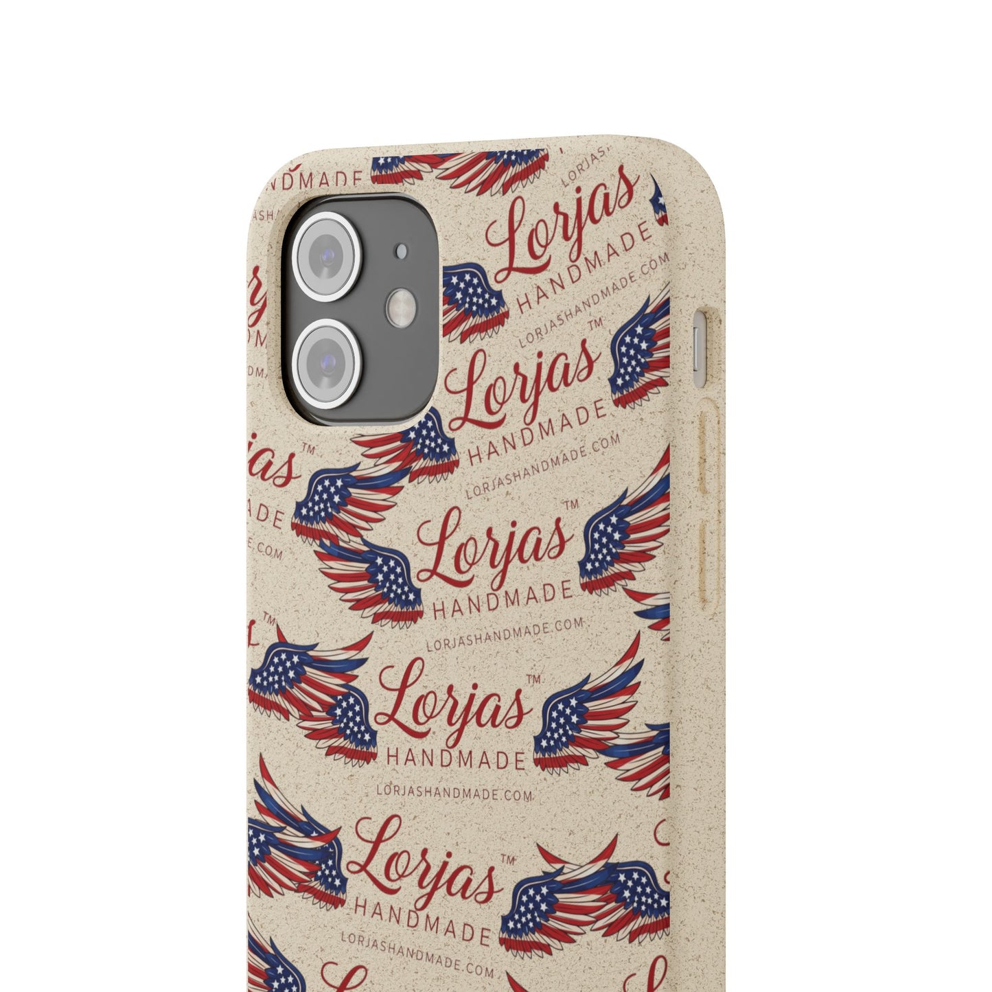 Phone case with American flag design and 'Lorjas Handmade' text on a white background