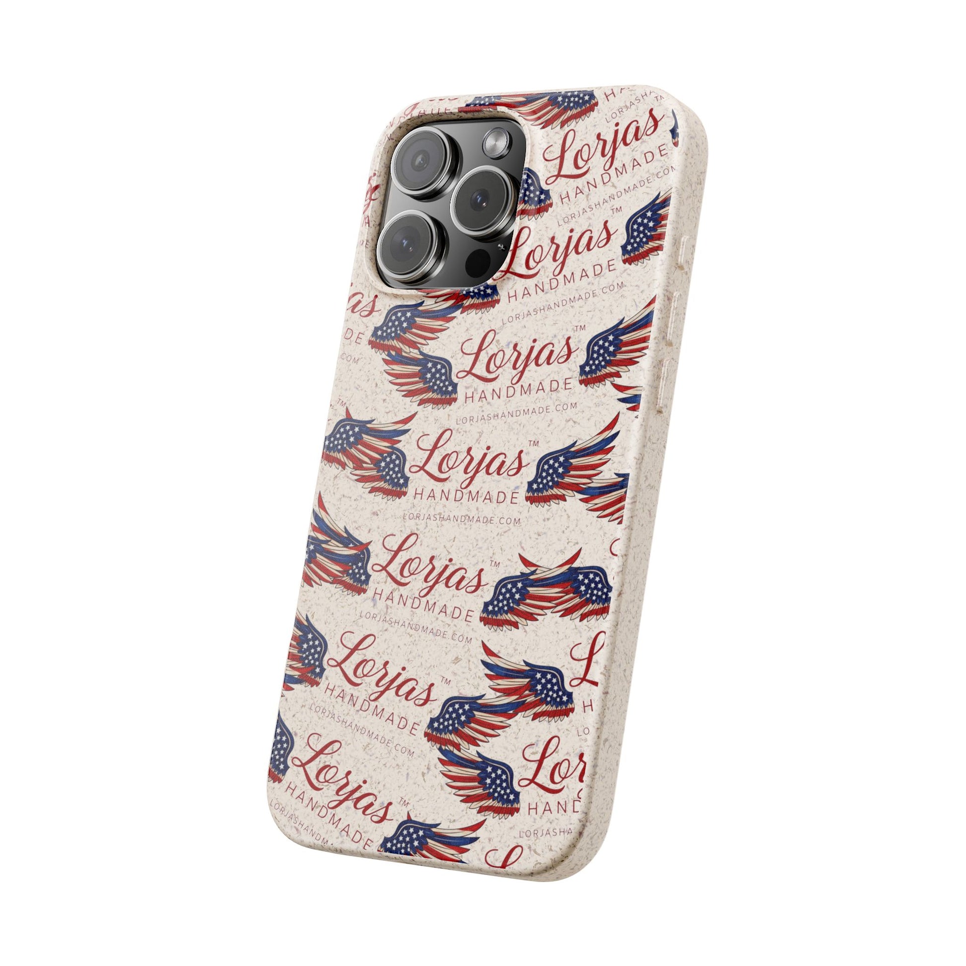 Phone case with 'Lorjas' branding and American flag design on a white background