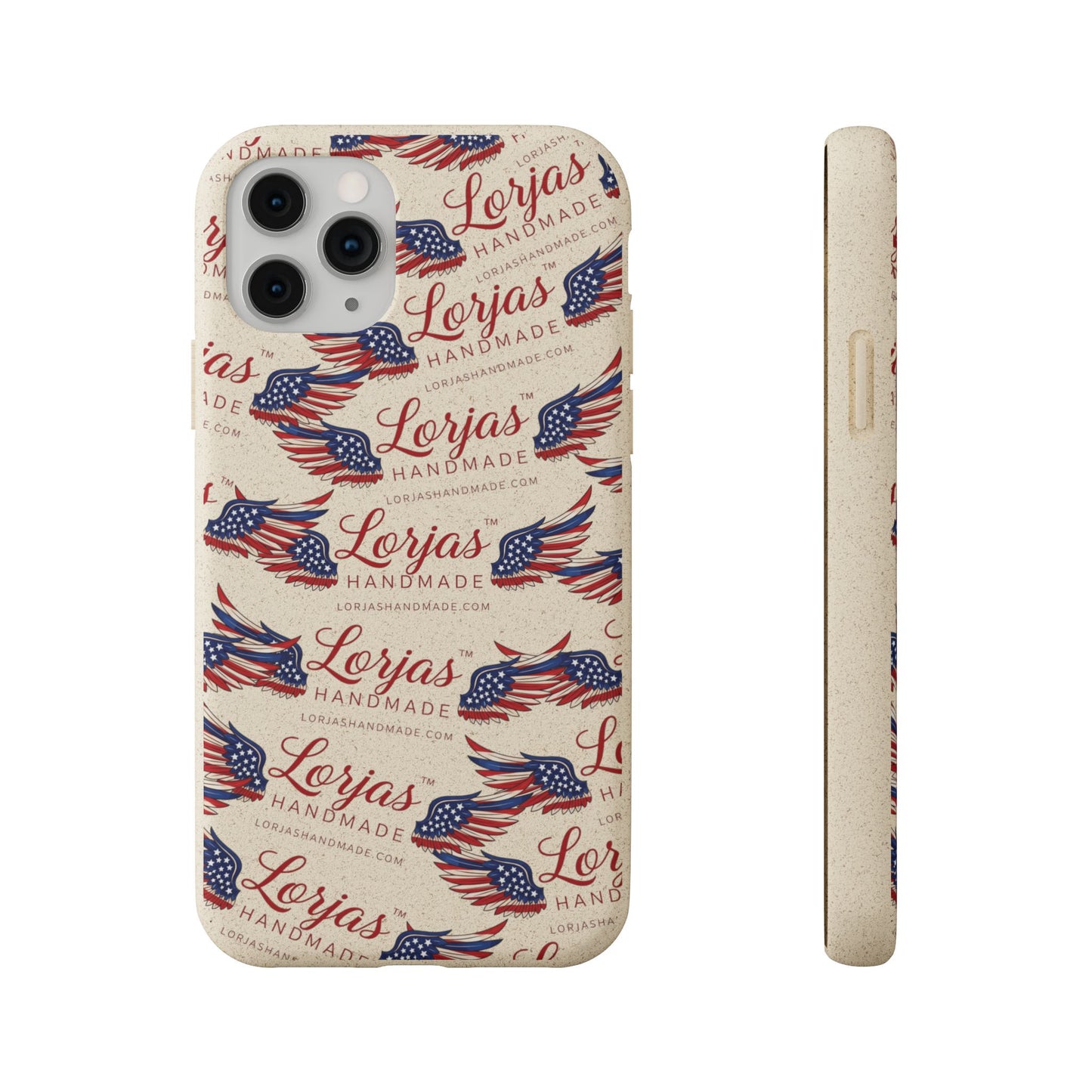 Phone case with American flag design and 'Lorjas Handmade' text on a white background