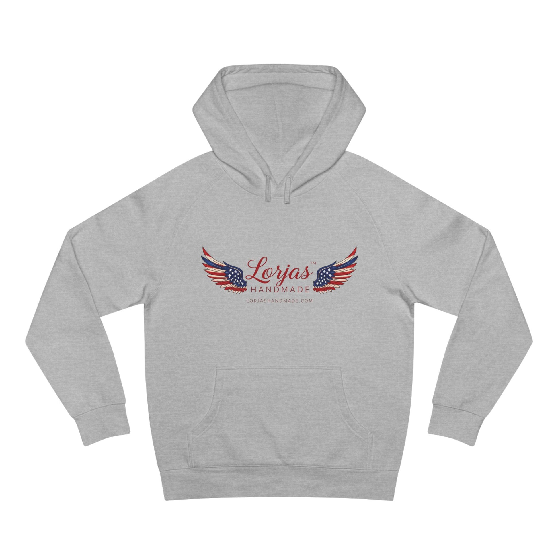 Gray hoodie with a logo on the chest against a white background