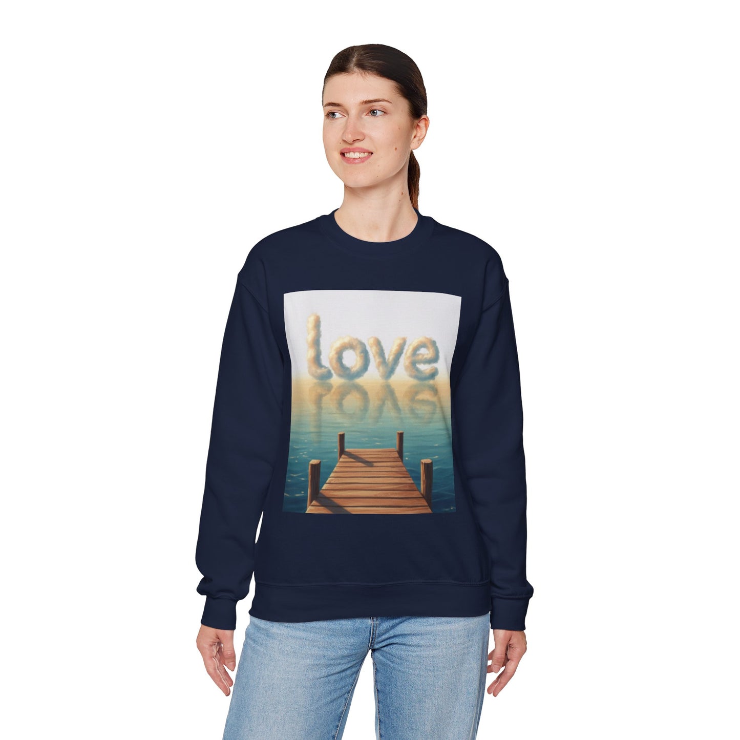 Person wearing a navy sweatshirt with a 'love' graphic design on a white background